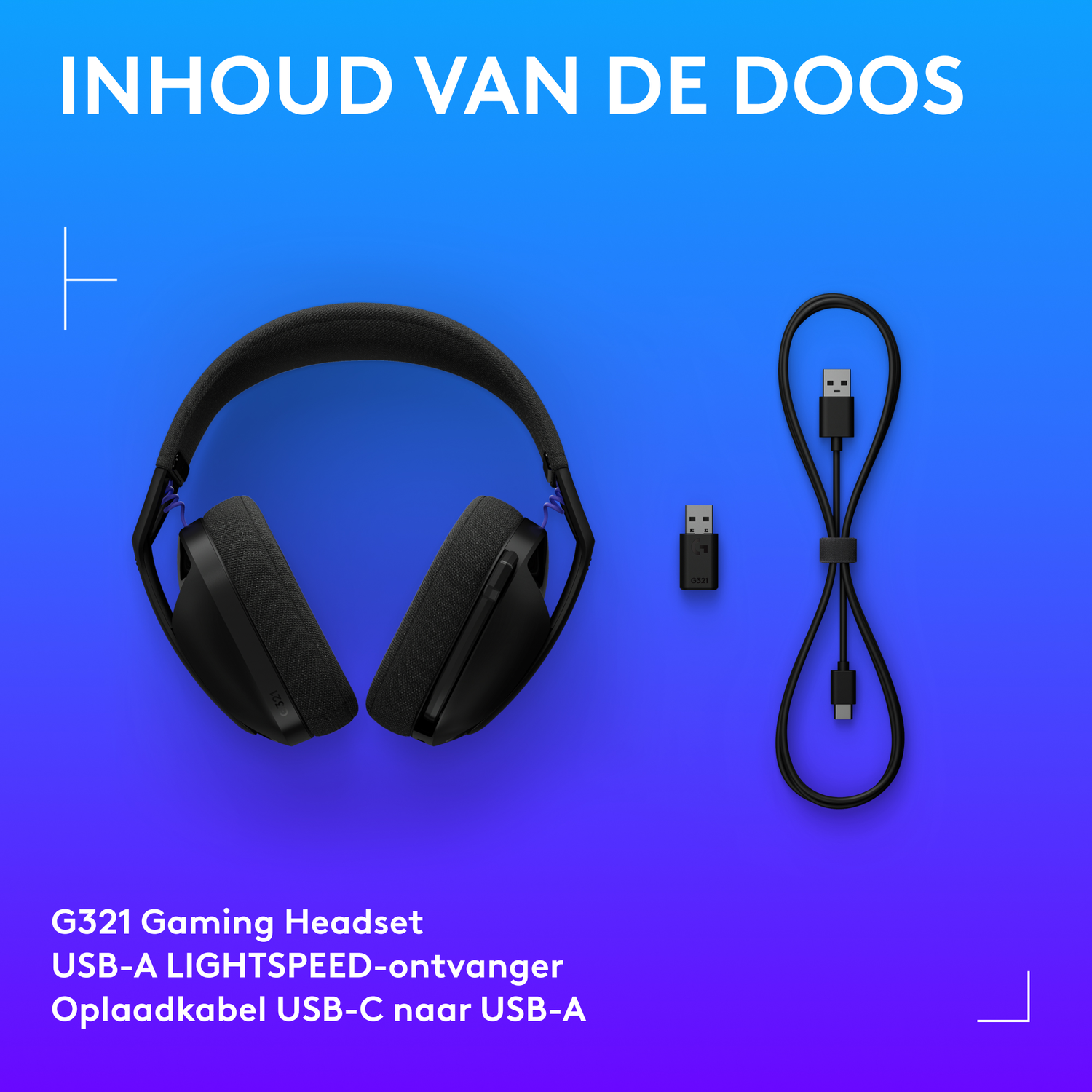 Black G321 gaming headset, USB-A receiver, and USB-C to USB-A charging cable on a blue gradient background.