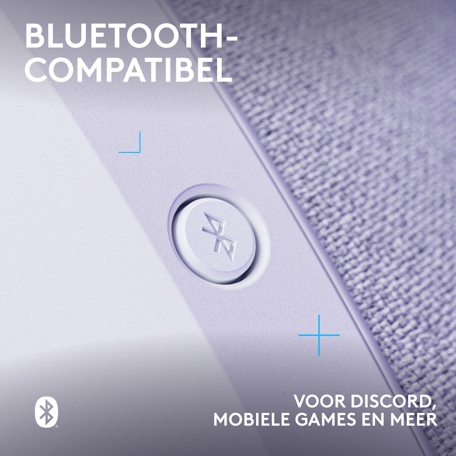 Close-up van een apparaat met een knop en een Bluetooth-symbool. Tekst luidt 'Bluetooth-compatibel' en 'Voor Discord, mobiele games en meer'.
