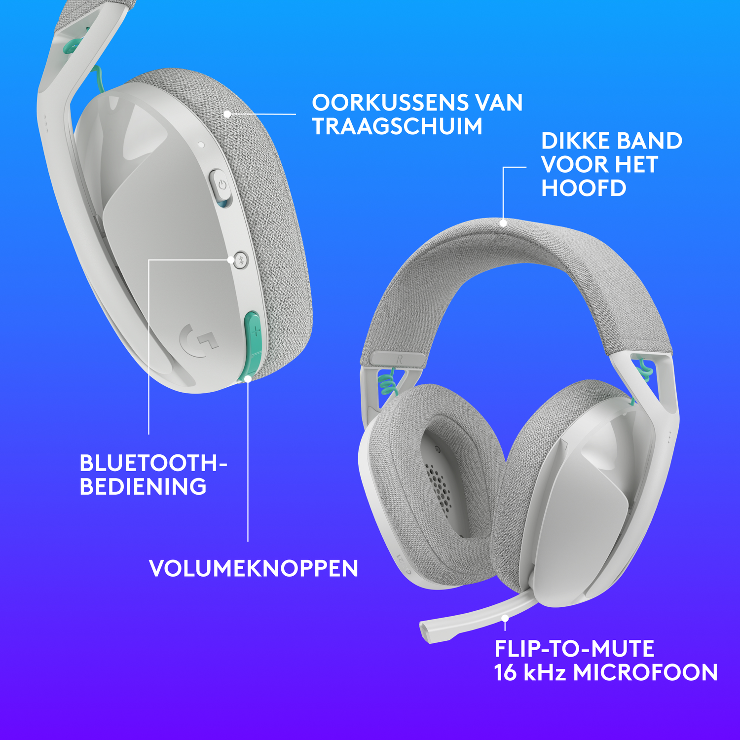 Witte en grijze koptelefoon met gelabelde onderdelen: oorkussens, hoofdband, Bluetooth, volumeknoppen en microfoon.