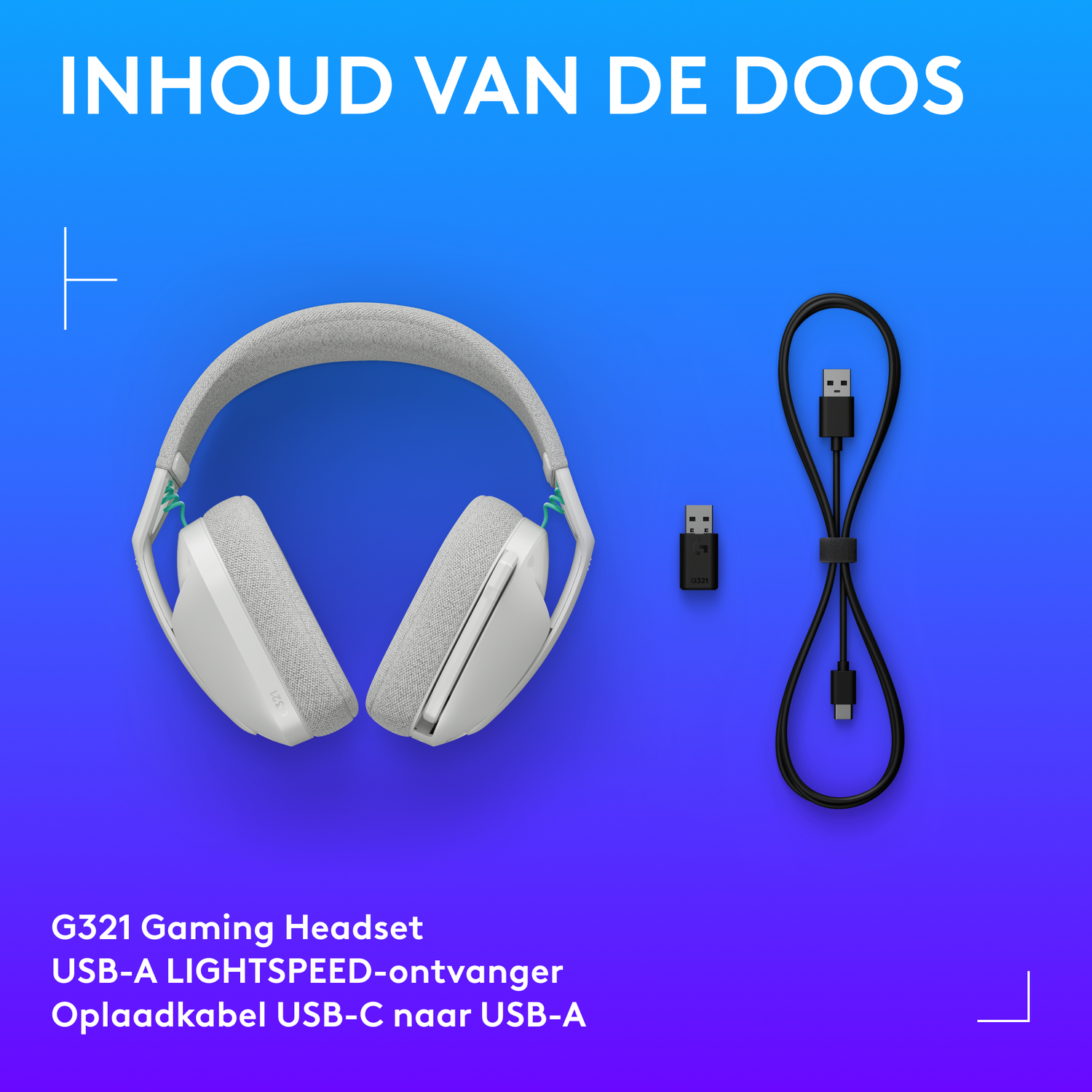 Witte headset met grijze vulling, een zwarte kabel en USB-ontvanger op een blauwe gradiëntachtergrond. Tekst: G321 Gaming Headset.