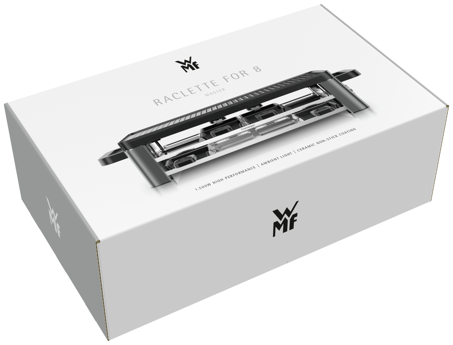 Weißer Karton mit einem Raclette-Grill. Der Grill ist schwarz und silberfarben. Auf der Box steht 'RACLETTE FOR 8 MASTER'.