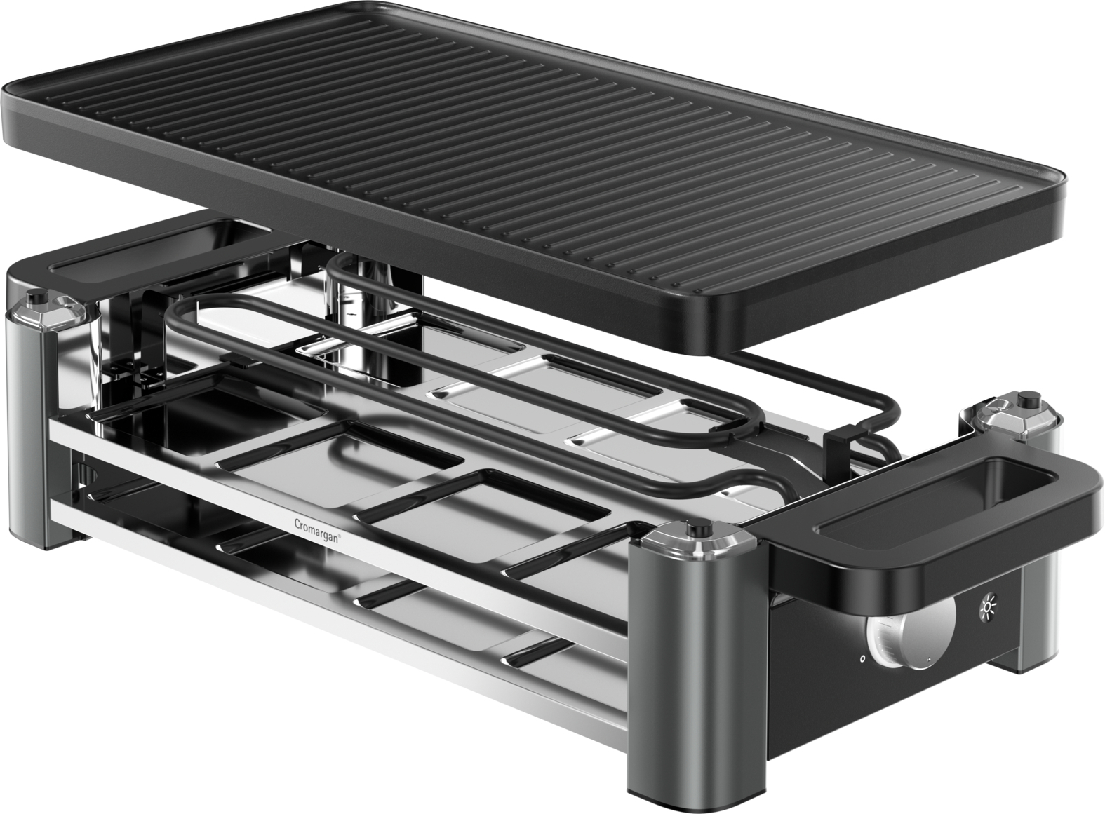 Schwarzer Elektrogrill mit abnehmbarer Oberseite, Heizkörpern und einem Chrom- und Schwarzrahmen.