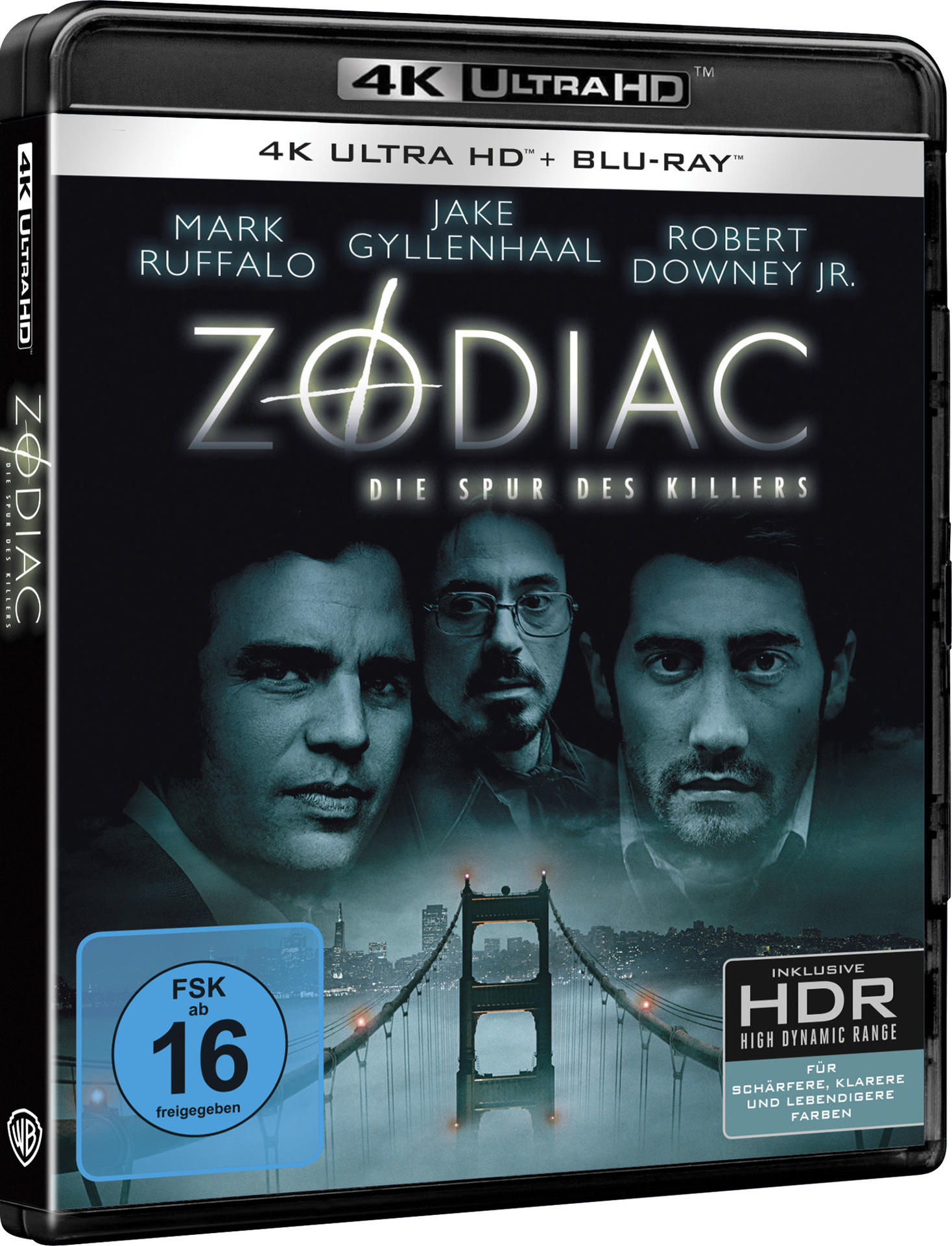 Zodiac Blu-ray-Cover. Mark Ruffalo, Jake Gyllenhaal und Robert Downey Jr. sind zu sehen. Die Golden Gate Bridge ist im Hintergrund.
