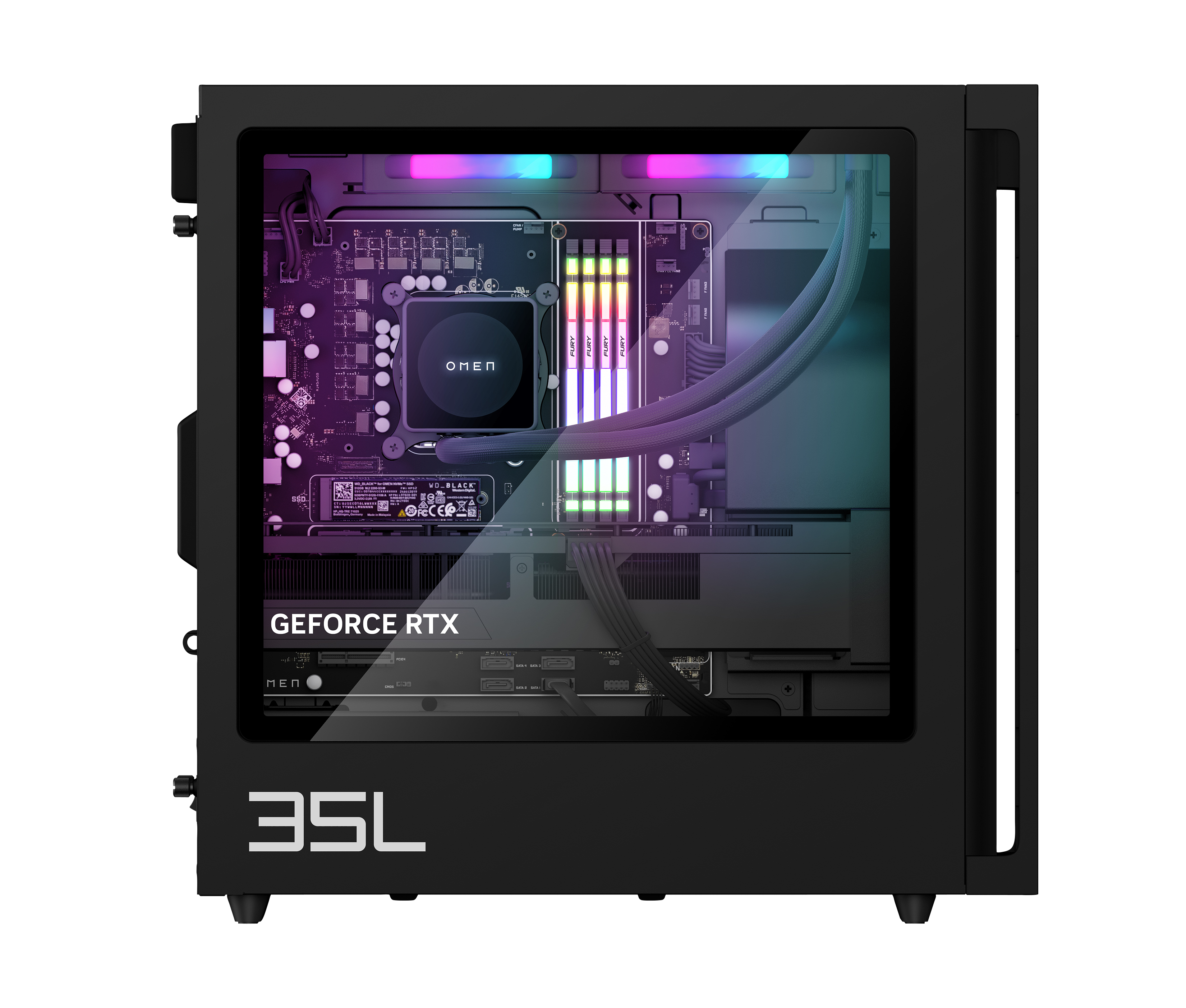 Ein schwarzes Computergehäuse mit Glas, zeigt interne Komponenten wie Grafikkarte und Kühlsystem.