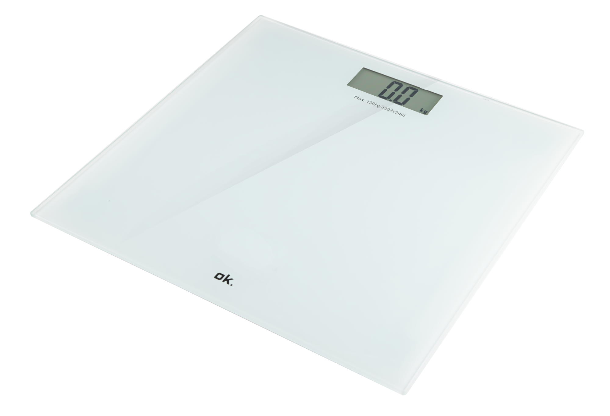 Egy fehér digitális fürdőszobai mérleg 0,0 kg-ot mutat. Az 'ok.' márka a fronton van nyomtatva. A háttér fekete.