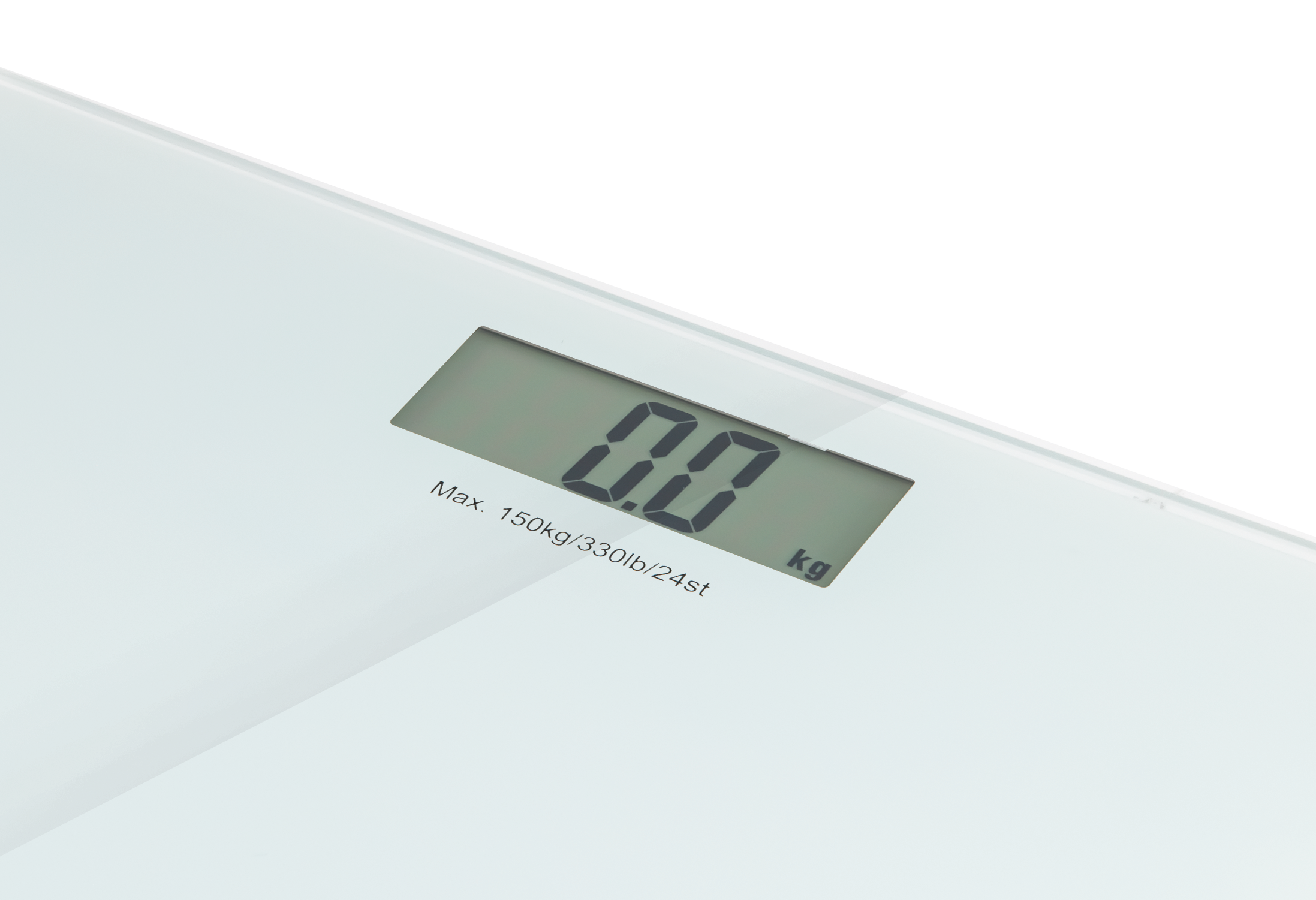 Egy digitális mérleg 0,0 kg-ot mutat. A felület fehér, fekete háttérrel. A mérleg a maximális súlyt mutatja.