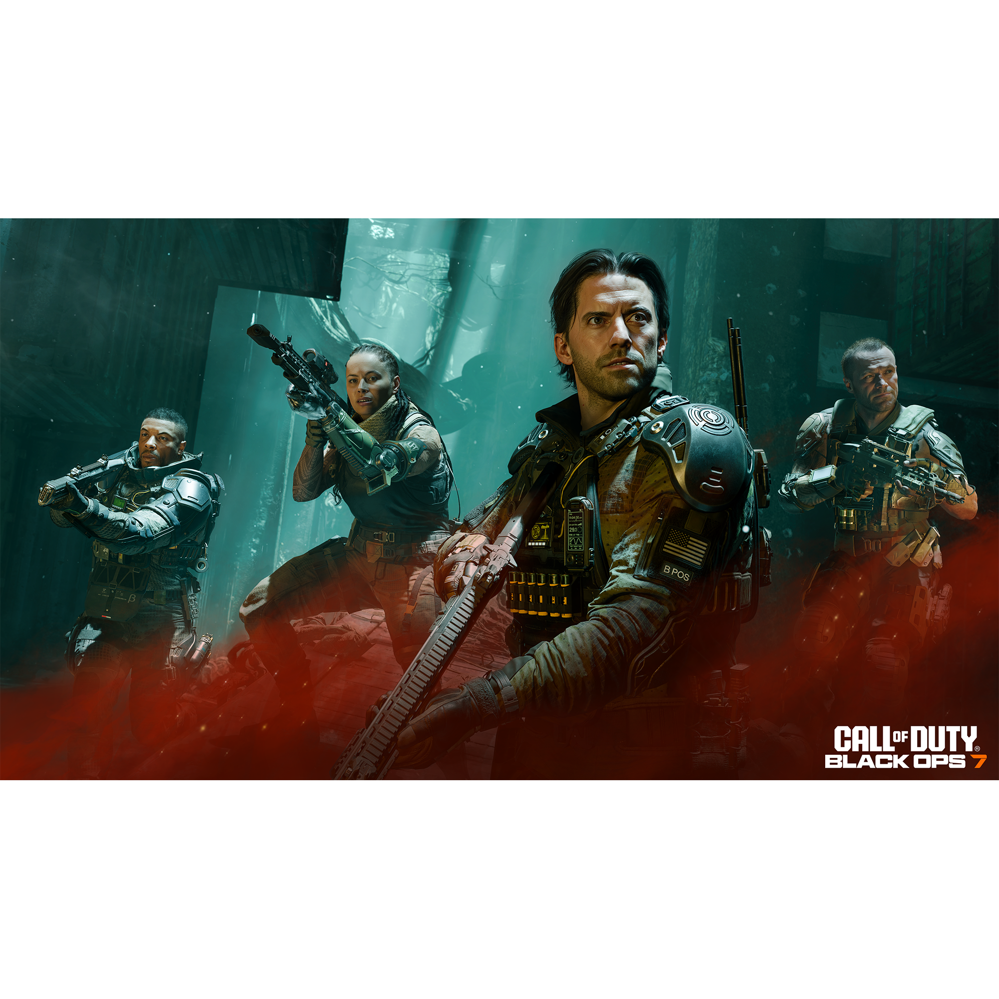 Cuatro soldados con armas en un entorno oscuro, humo rojo abajo, logo Call of Duty: Black Ops 7 a la derecha.