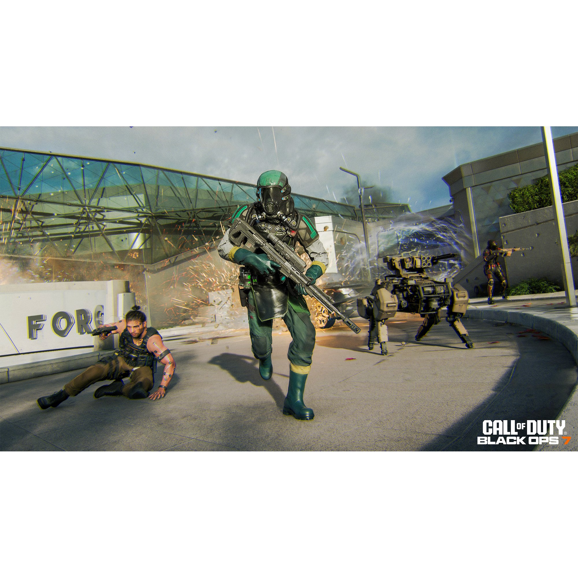 Soldado con armadura verde corre con un arma. Otro está en el suelo. Robots y otros soldados están en el fondo. Se ven explosiones.