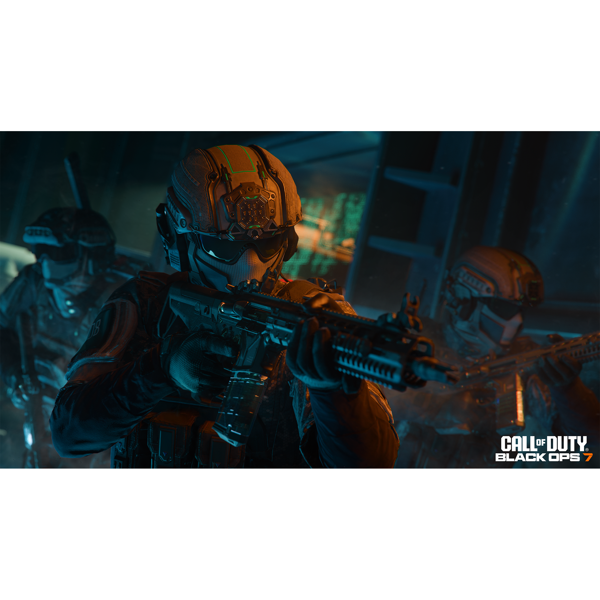 Soldados con equipo táctico sosteniendo armas. La escena es oscura con iluminación azul. Logotipo de Call of Duty Black Ops 7 visible.