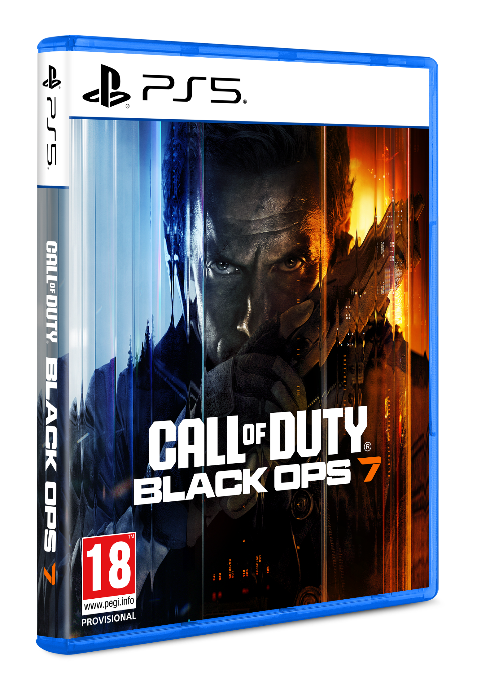 Caja del juego Call of Duty Black Ops 7 para PS5. Presenta un rostro de hombre con arma, título y clasificación por edad.