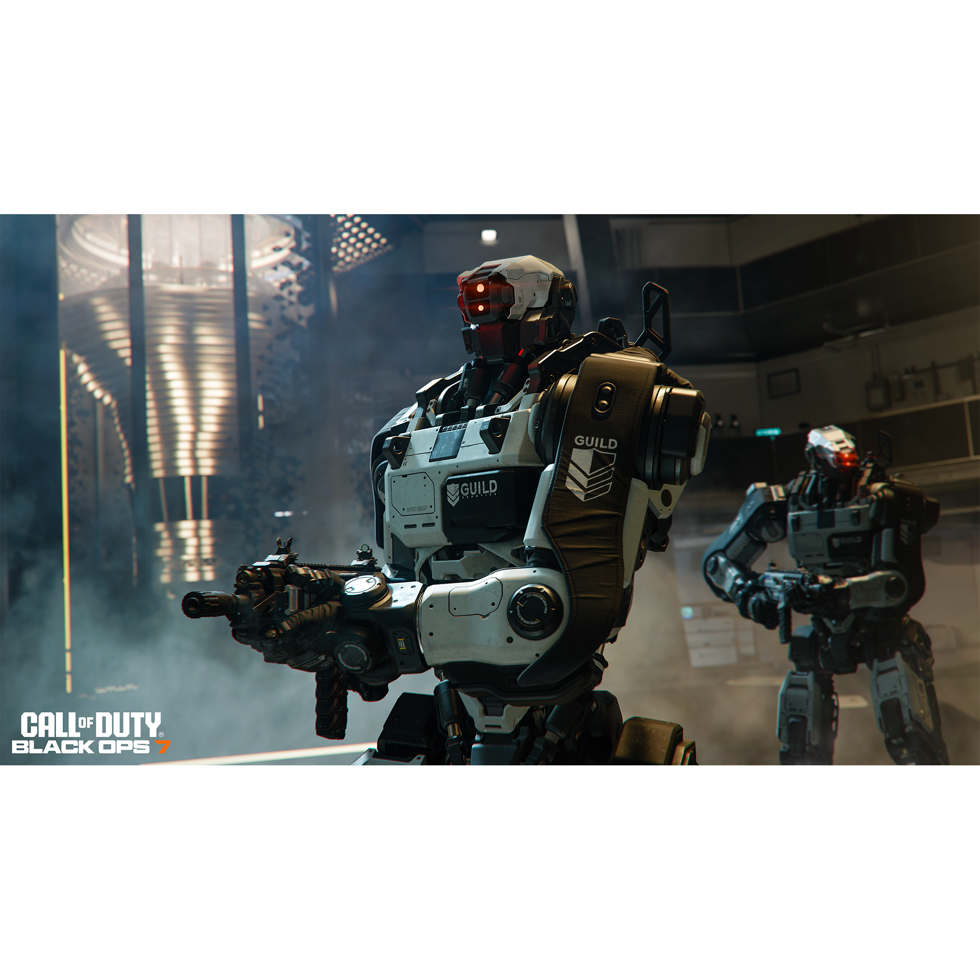 Dos robots de Call of Duty: Black Ops 3, uno enfocado con un arma, en un entorno futurista.
