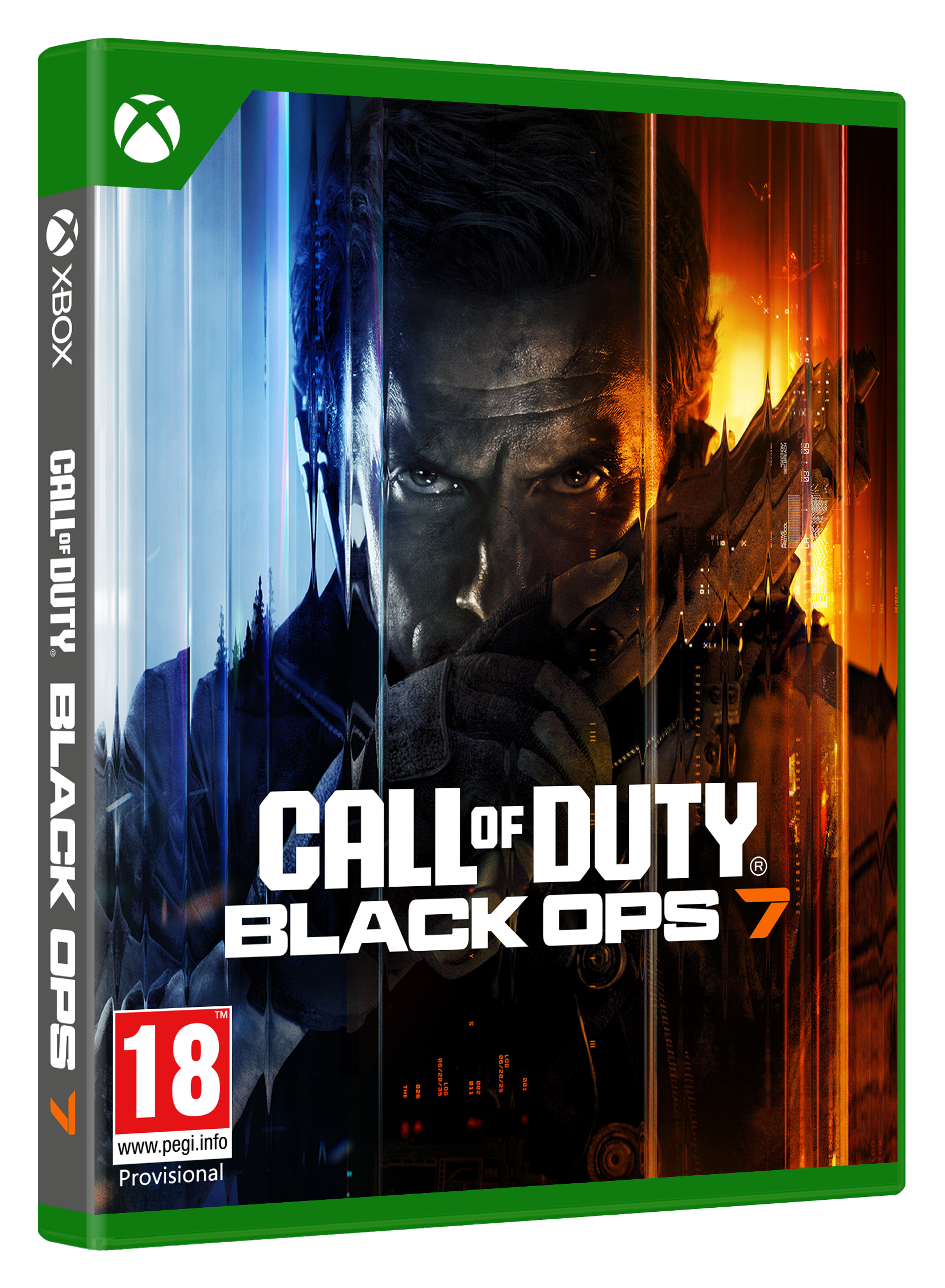 Caja del juego Call of Duty Black Ops 7. Presenta la cara de un hombre con fondo azul/naranja. Logotipo de Xbox y clasificación por edad.