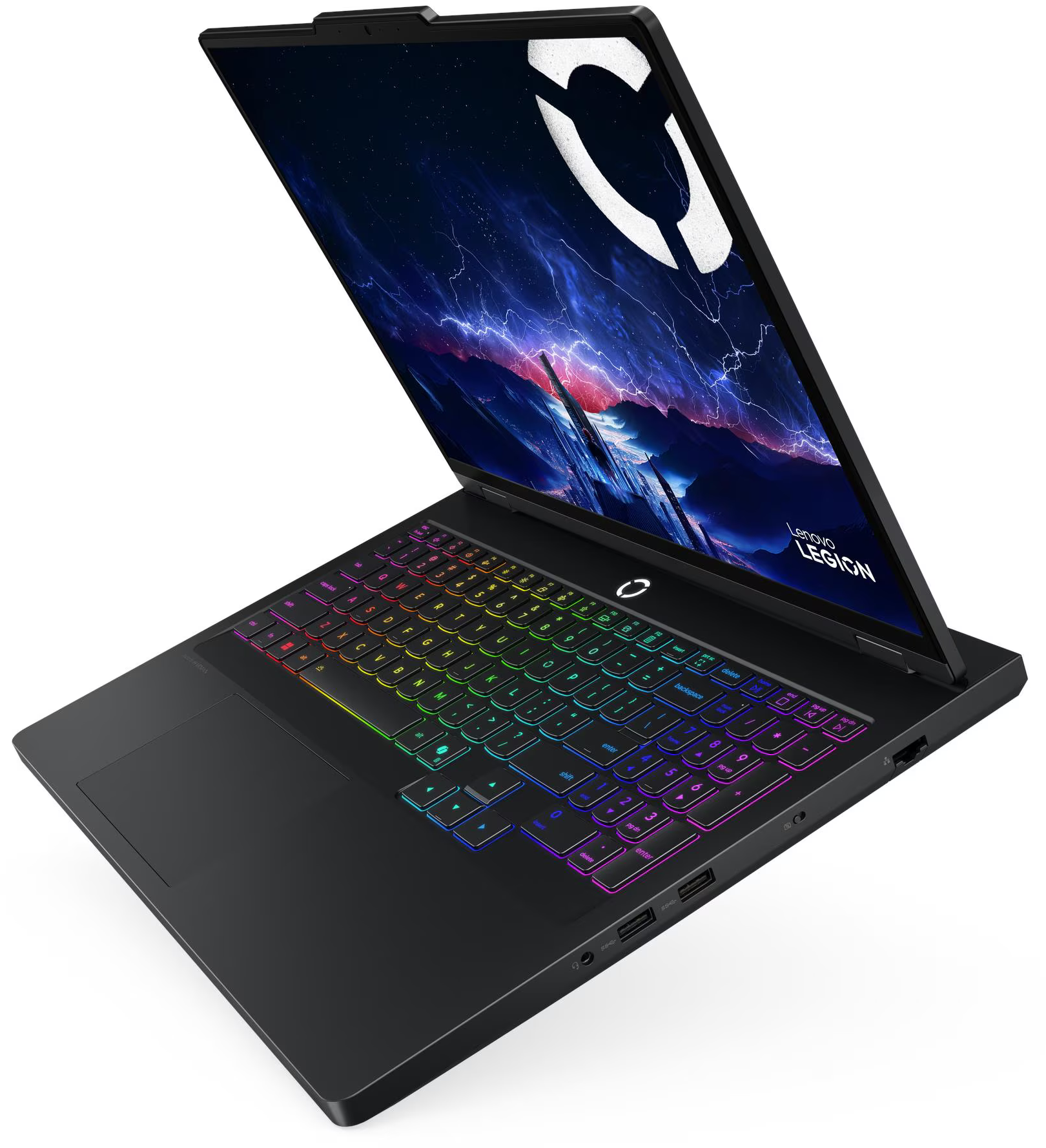 Fekete Lenovo Legion laptop. A képernyő viharos jelenetet mutat. A billentyűzet szivárványos háttérvilágítással rendelkezik.