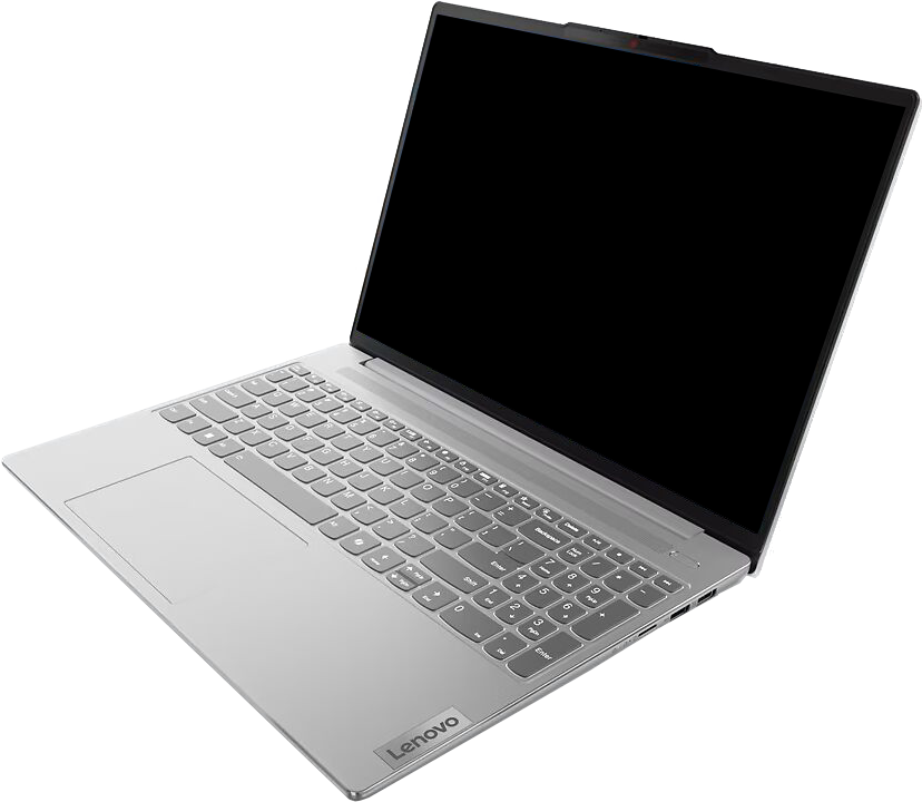Egy ezüst Lenovo laptop nyitva egy fehér felületen. A képernyő fekete. A billentyűzet fókuszban van. A háttér fehér.