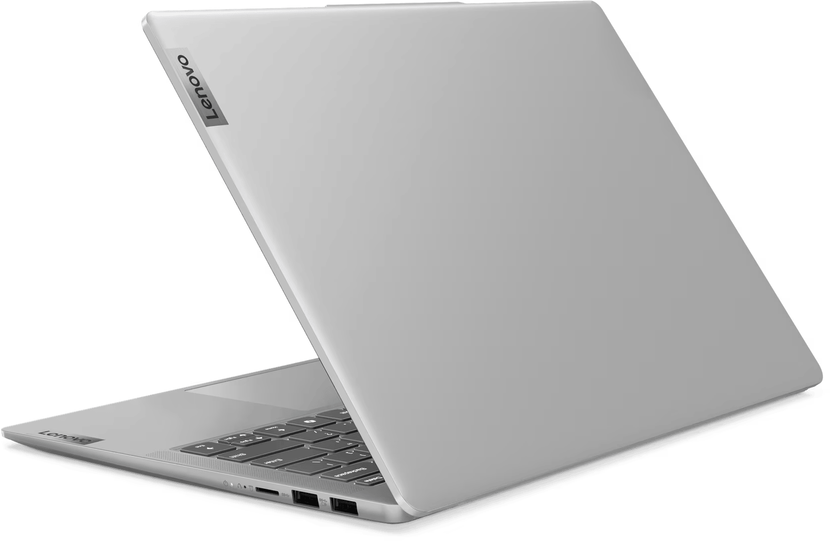 Egy ezüst Lenovo laptop nyitva, a billentyűzet látható. A képernyő kissé nyitott, a Lenovo logót mutatja.