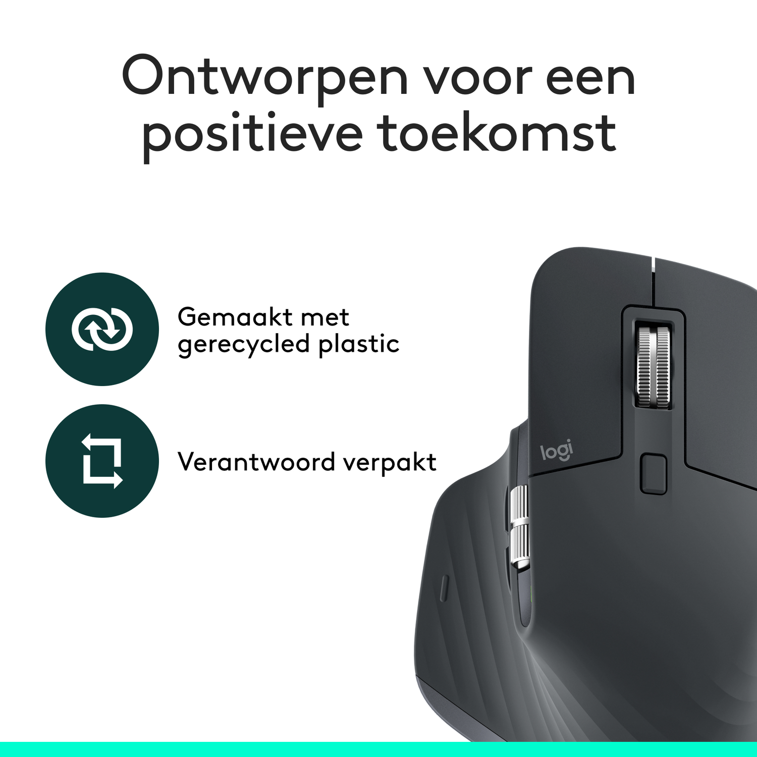 Image shows a Logitech mouse with text: 'Designed for a positive future' and icons about recycled plastic and responsible packaging.
