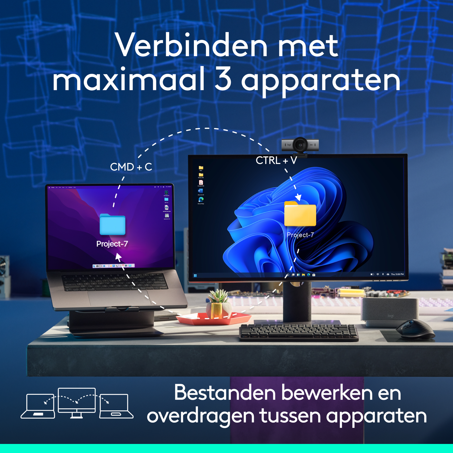 Laptop and monitor connected, text explains file transfer between devices. Keyboard, mouse, and webcam present. Blue background.