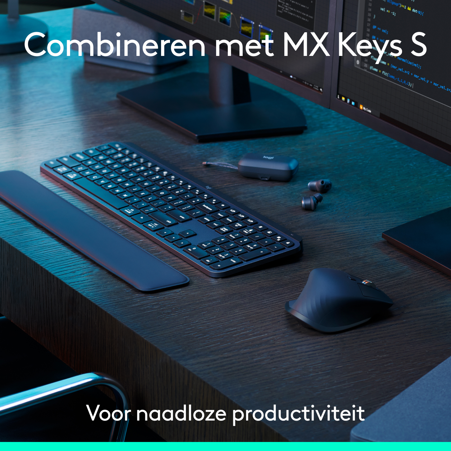 Keyboard, wrist rest, mouse, and monitor on a wooden desk. The setup suggests productivity.