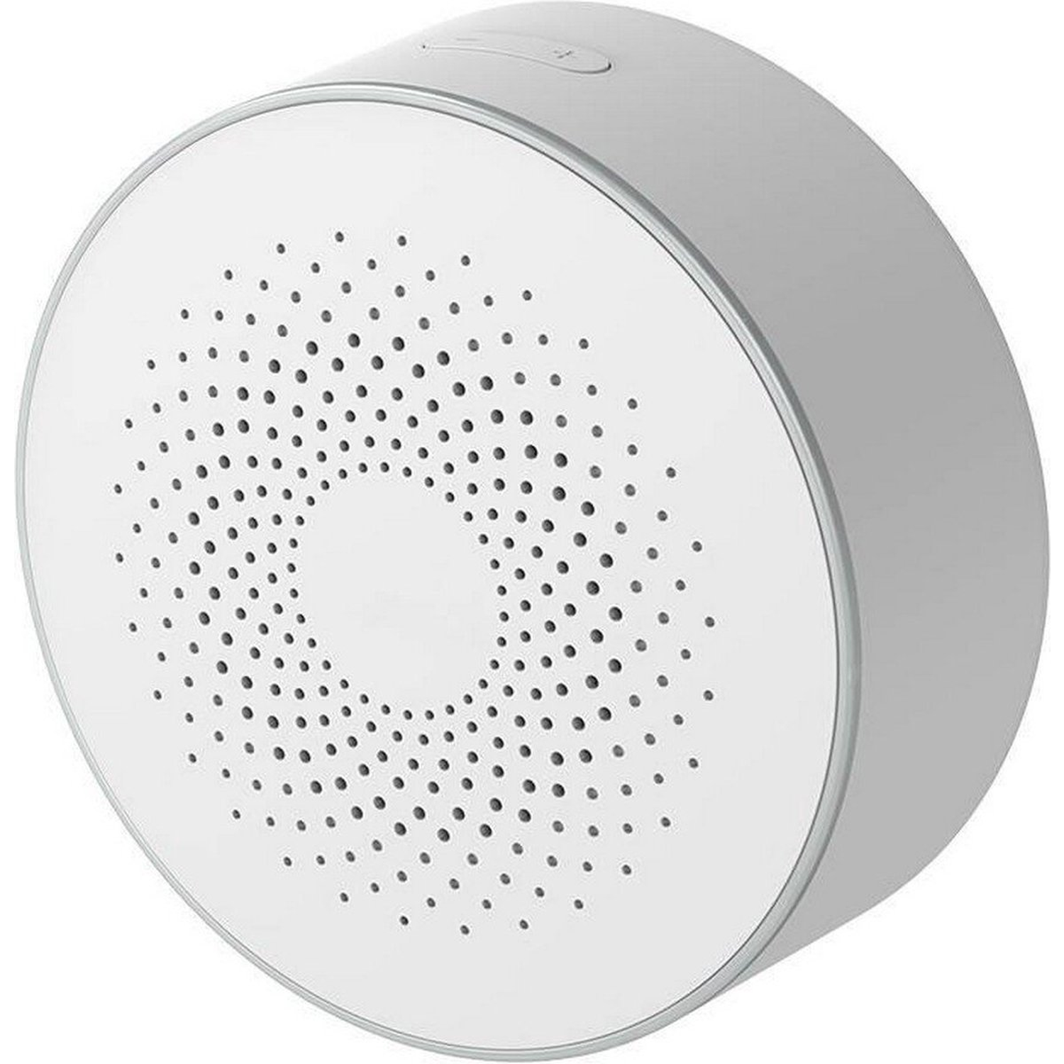 Een witte en grijze ronde luidspreker. De voorkant heeft veel kleine gaatjes. De bovenkant heeft een kleine knop.