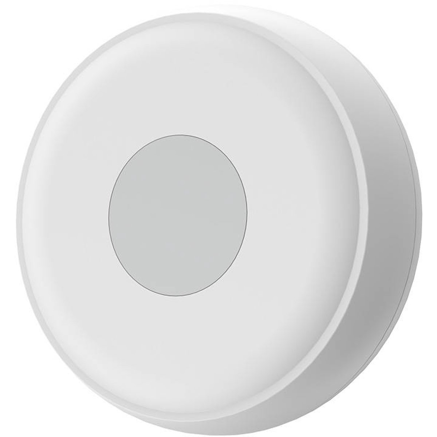 Een wit, cirkelvormig apparaat met een grijze kern. Het heeft een afgerond ontwerp en is waarschijnlijk een slimme home gadget of sensor.