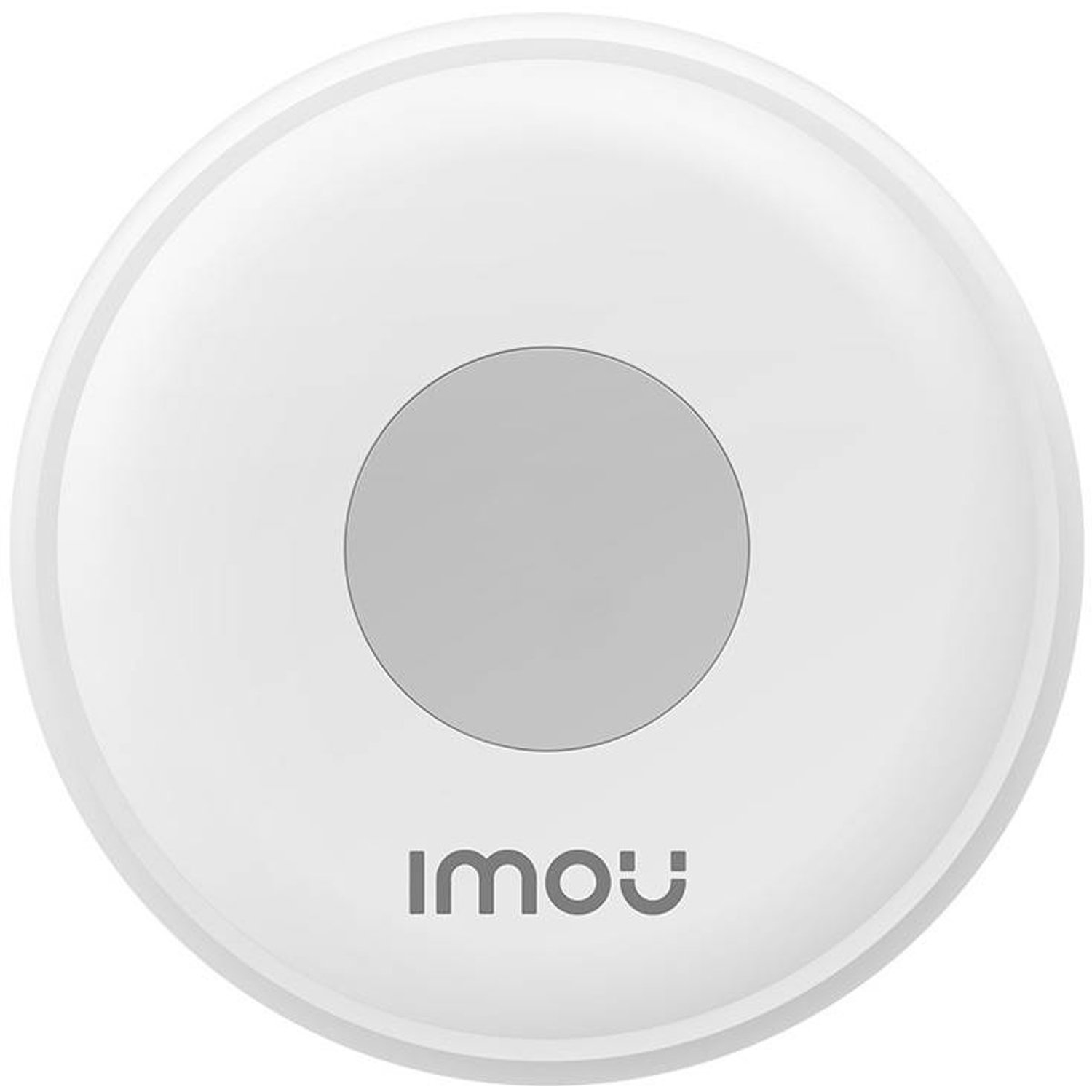 Een witte, cirkelvormige tracker met een grijs midden en het woord 'imou' eronder. Het heeft een verhoogde rand.