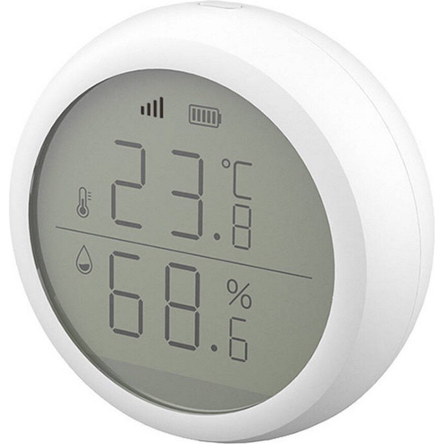 White, round digital thermometer displays 23.6 degrees Celsius and 68.6% humidity. Top has signal and battery icons.