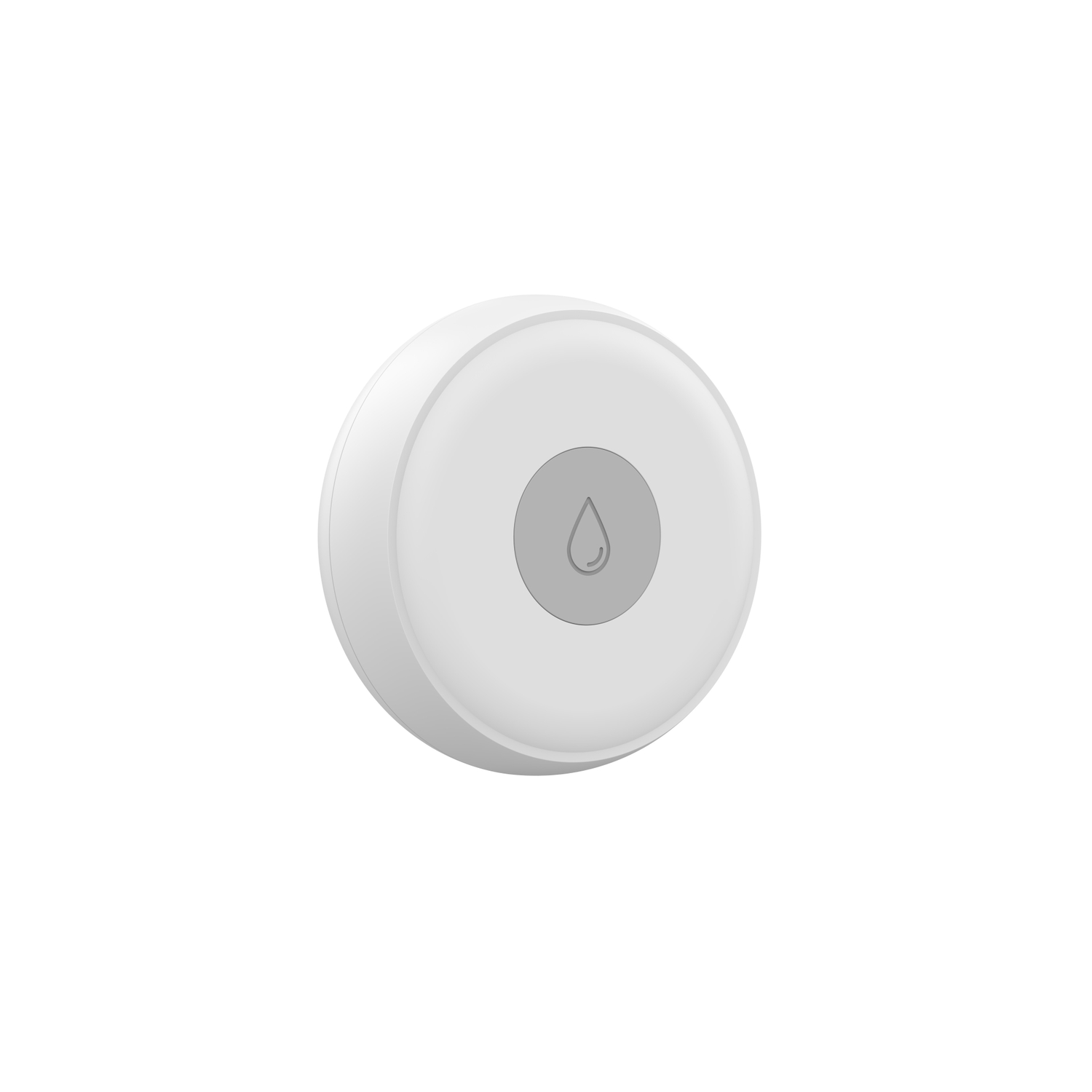 A white, circular device with a gray center. The center has a water droplet icon.