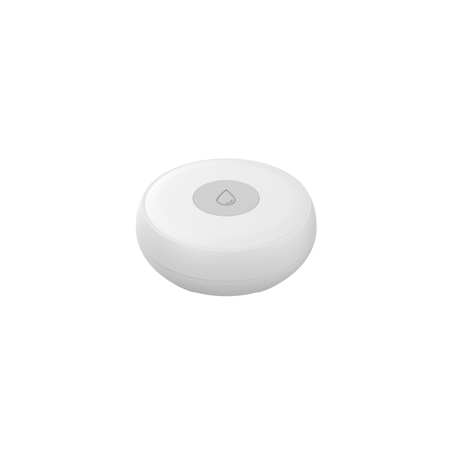 A white, round device with a silver button on top. The button has a water drop symbol.