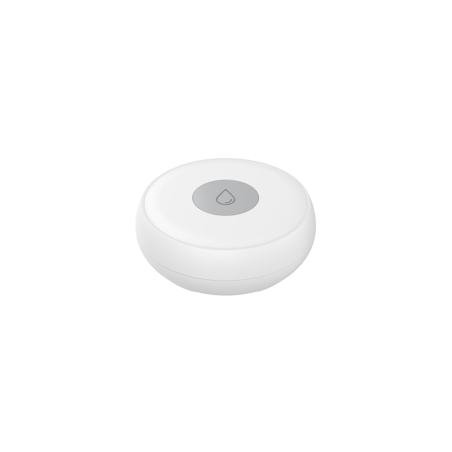 A white, circular water sensor with a gray button featuring a water droplet icon, set against a white background.