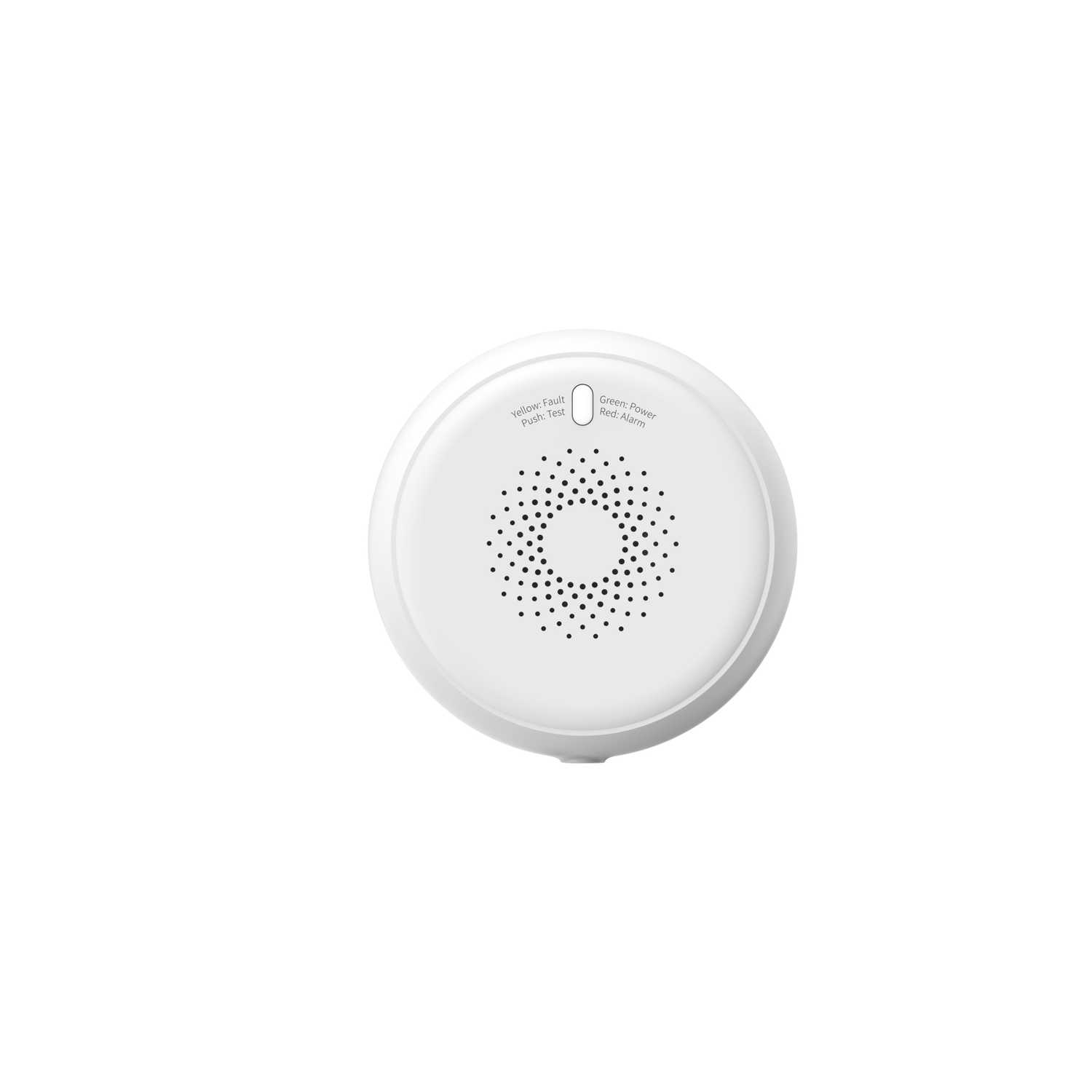 Een witte rookmelder met luidspreker en tekstlabels: Geel: Fout, Groen: Stroom, Rood: Alarm. Het heeft een testknop.