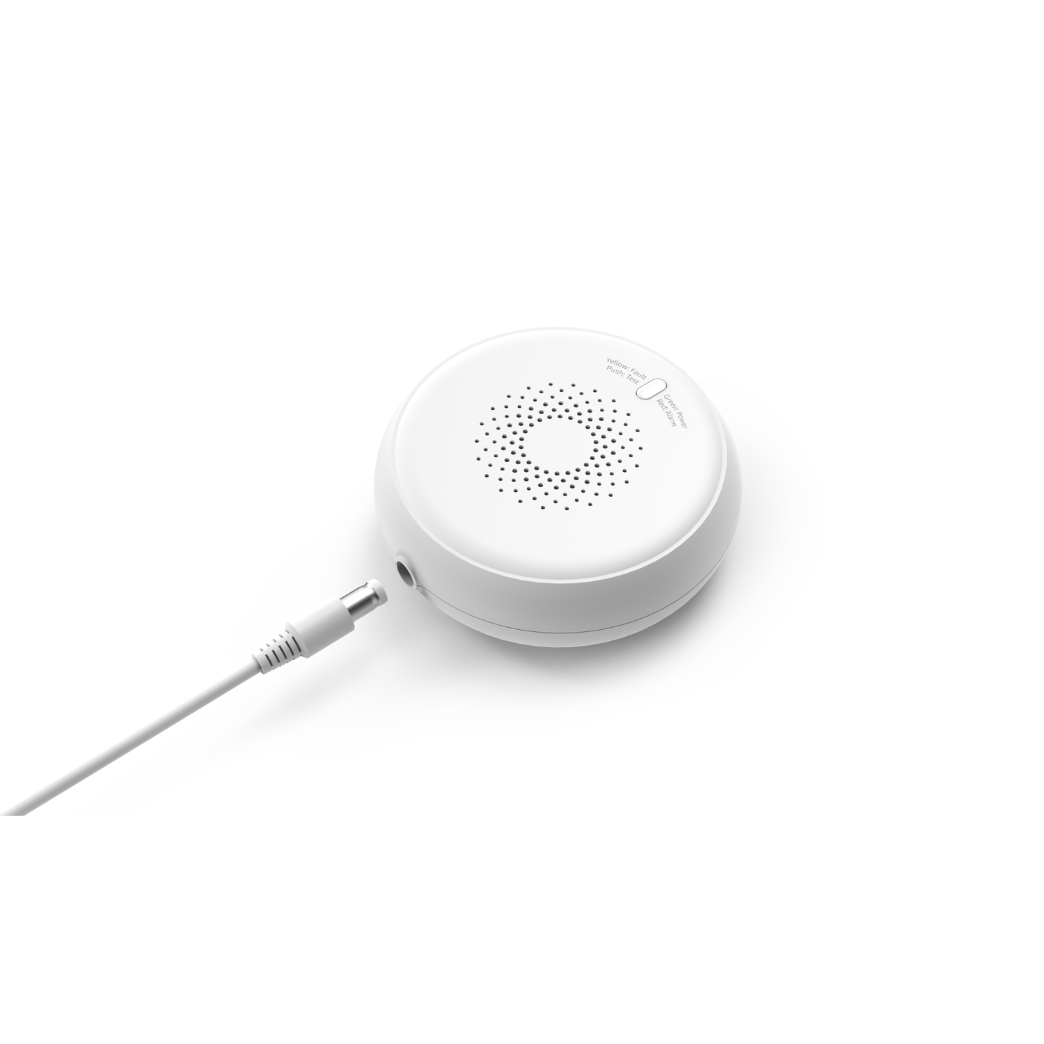 Een wit, cirkelvormig apparaat met een netsnoer op een witte achtergrond. Het apparaat heeft kleine gaatjes en labels. Het snoer is aangesloten.