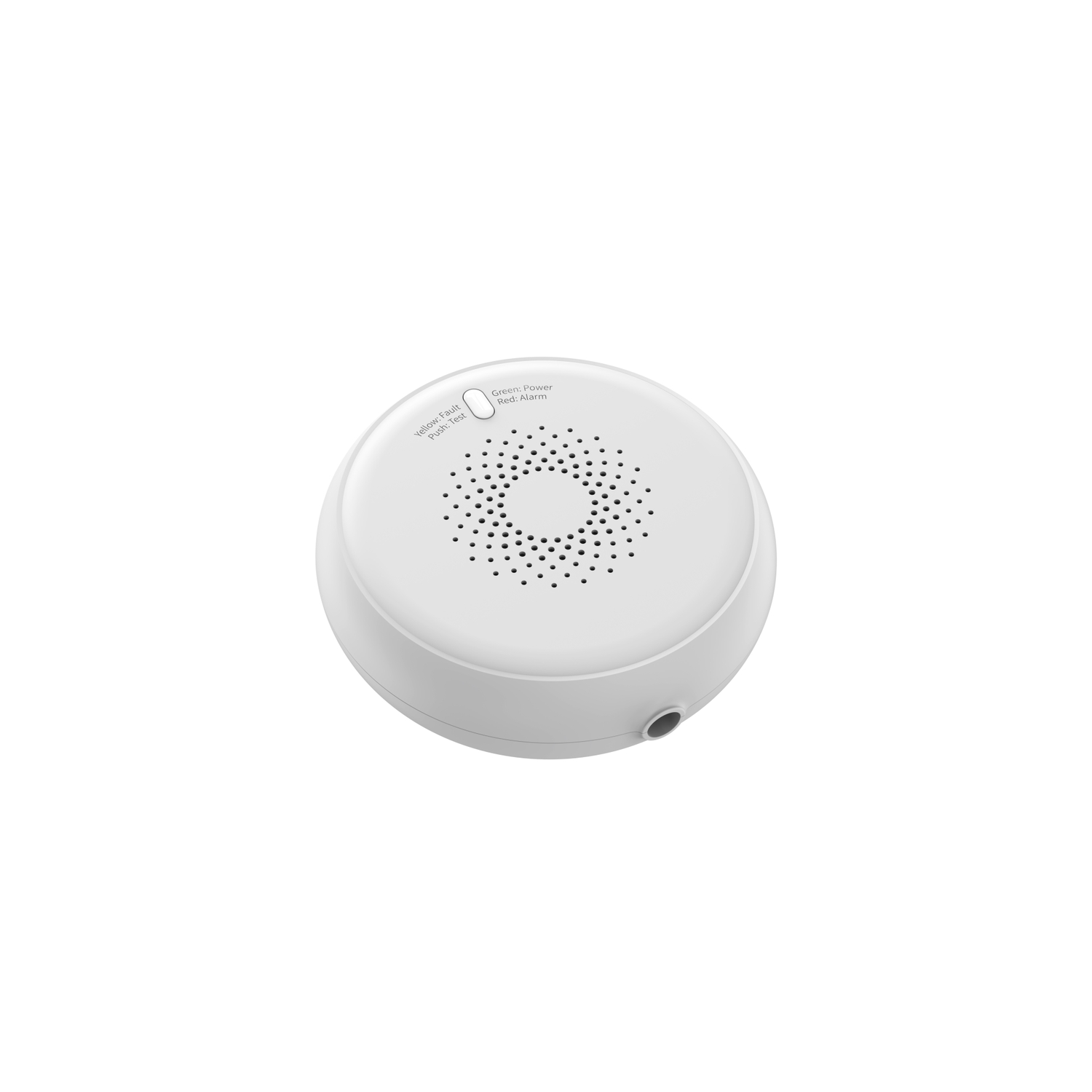 Een witte rookmelder met een luidspreker en knoppen. Het heeft een groen stroomlampje, rood alarmlicht en geel storingslicht.