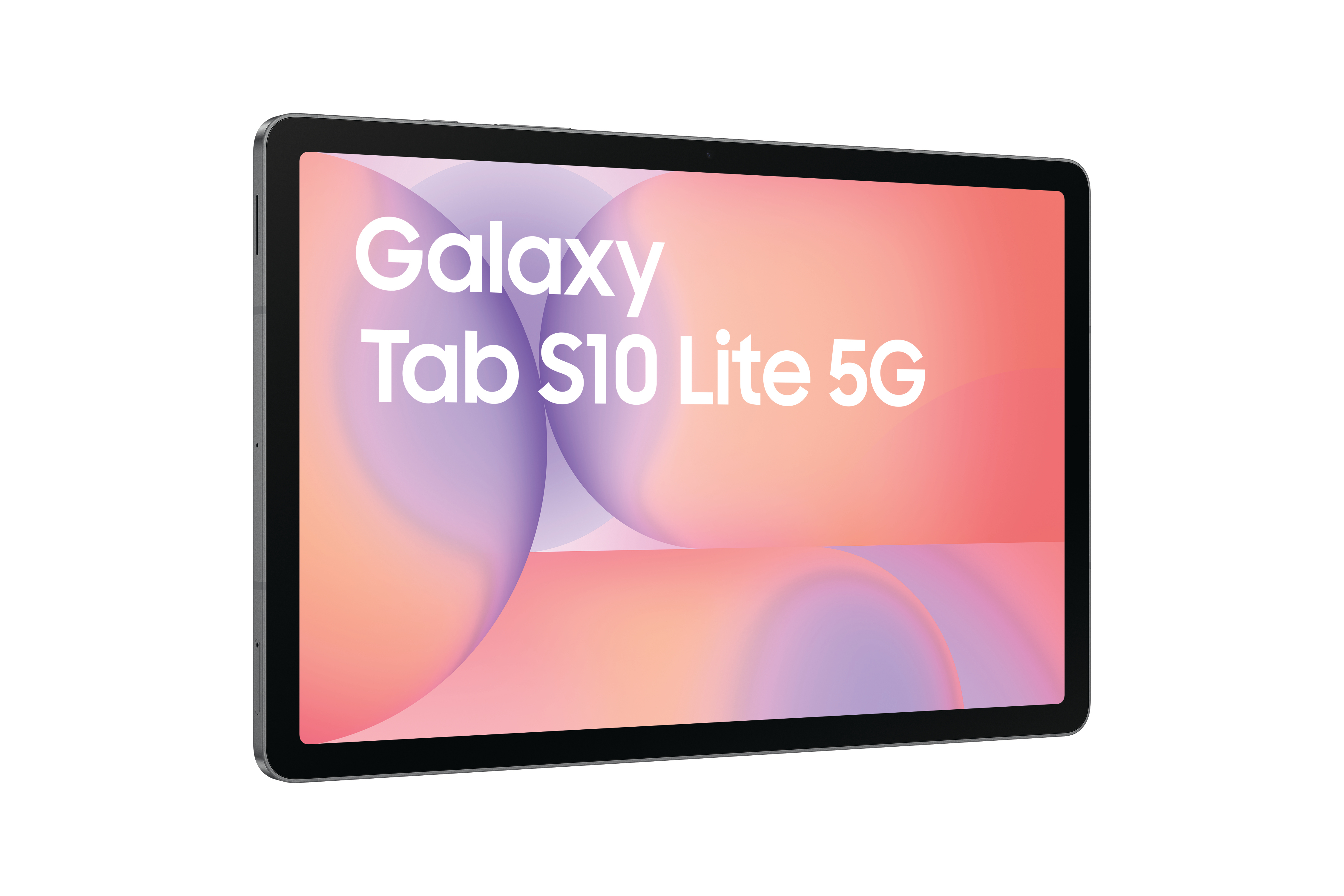 Ein Tablet mit schwarzem Rahmen zeigt den Text „Galaxy Tab S10 Lite 5G“ vor einem bunten, abstrakten Hintergrund.