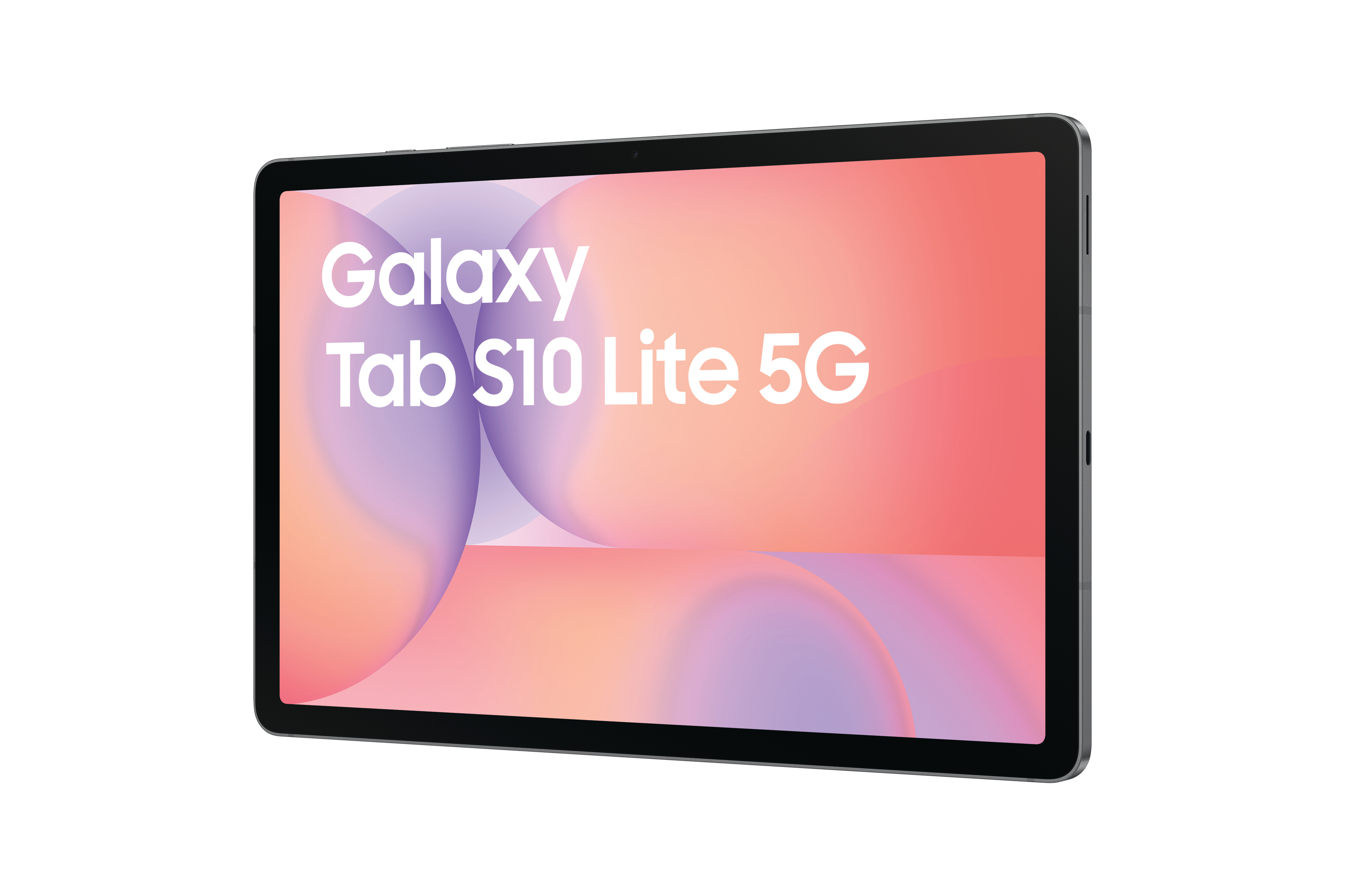 Ein Samsung Galaxy Tab S10 Lite 5G Tablet auf weißem Hintergrund. Es hat einen schwarzen Rahmen und einen bunten Bildschirm.