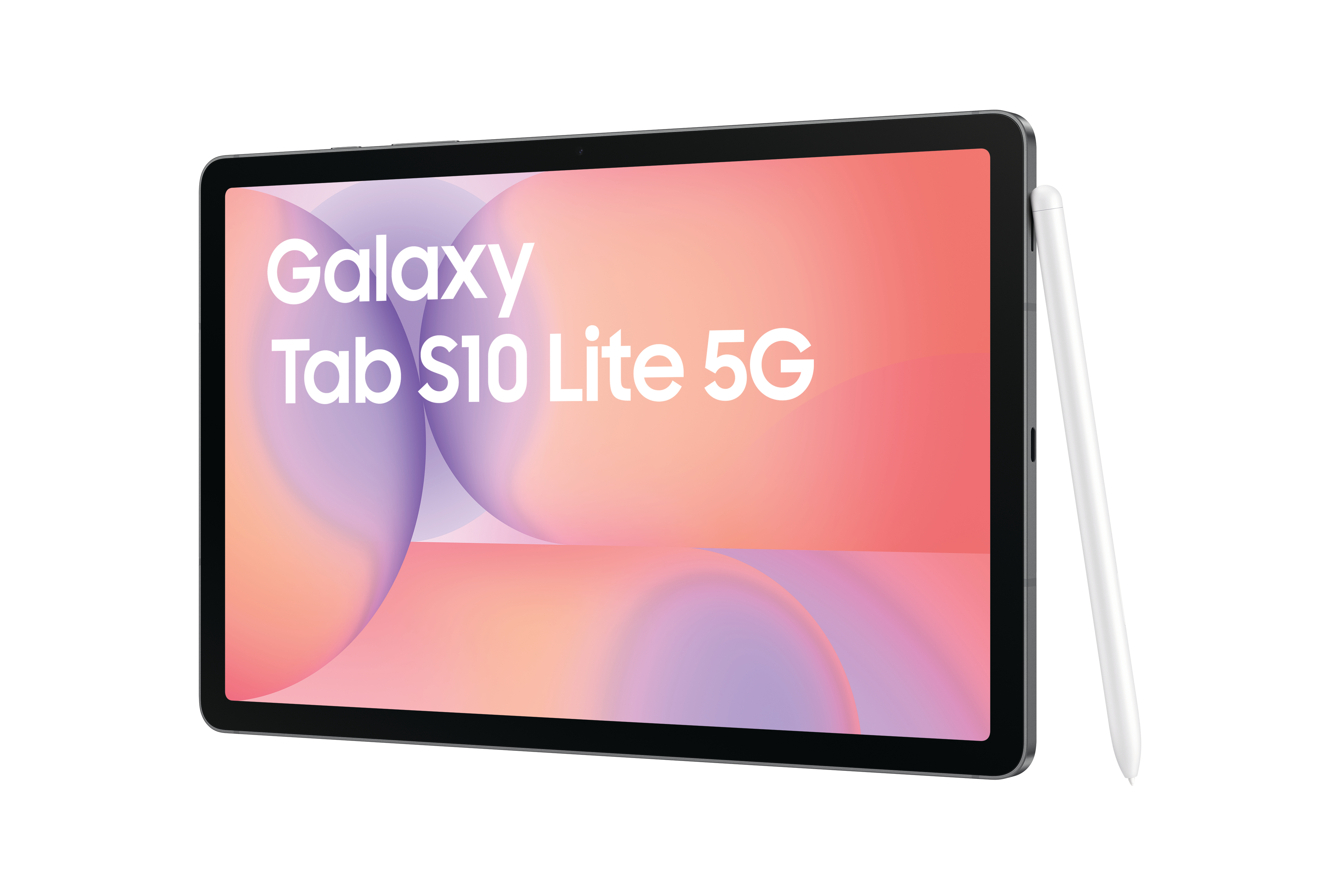 Samsung Galaxy Tab S10 Lite 5G Tablet mit Stift. Der Bildschirm zeigt den Produktnamen vor buntem Hintergrund.
