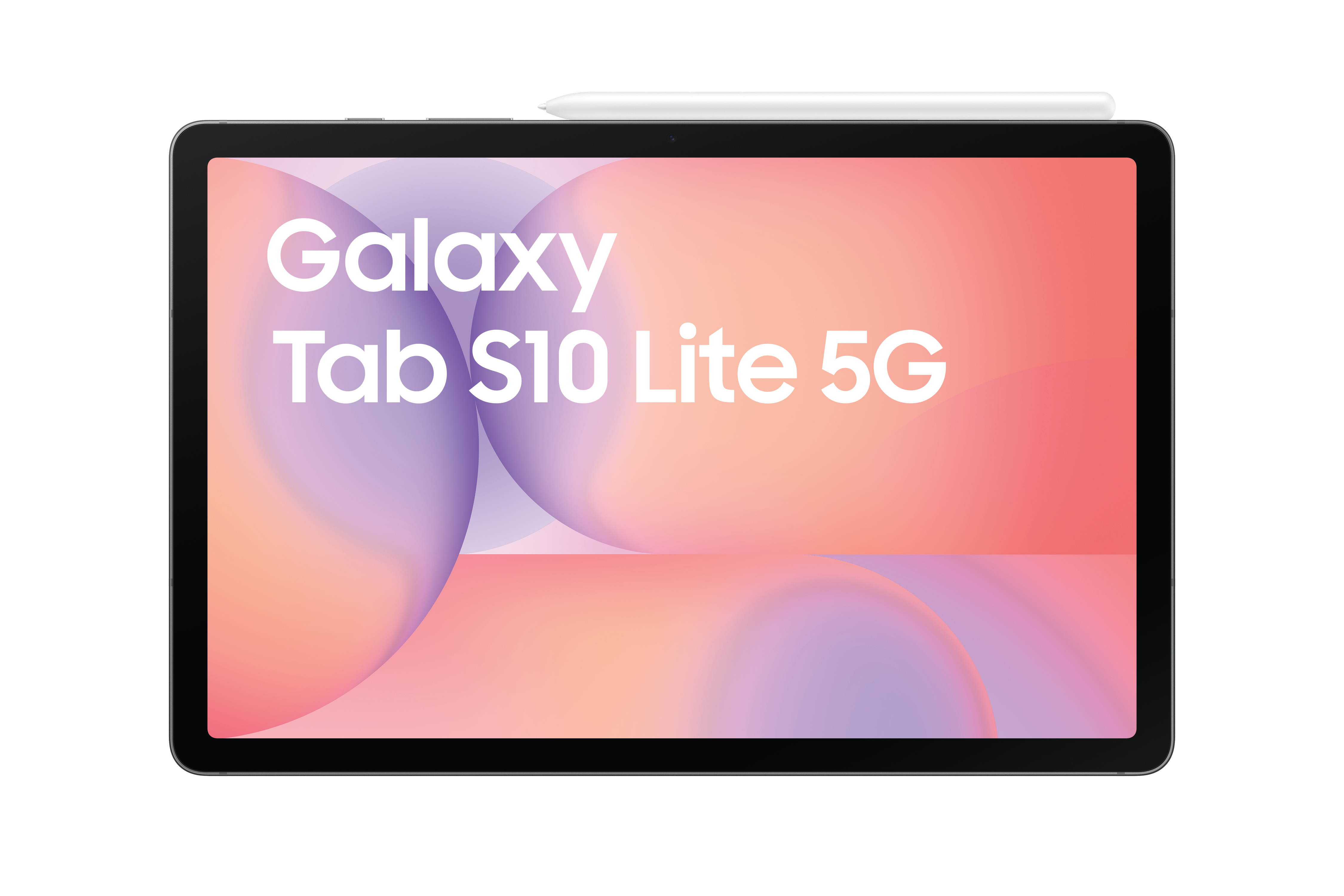 Ein Tablet mit Stift auf weißem Grund. Auf dem Bildschirm steht Galaxy Tab S10 Lite 5G.