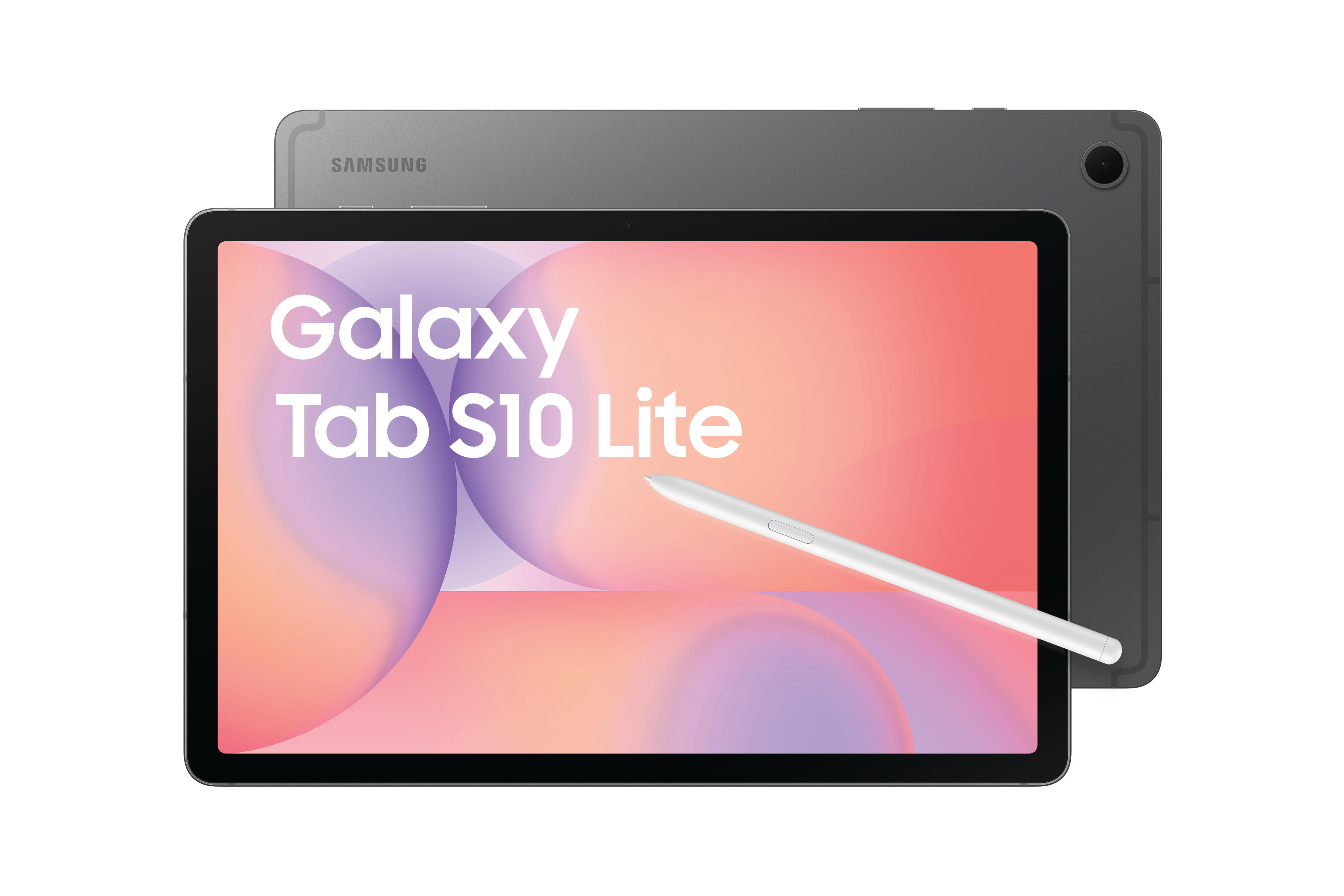 Ein Samsung Galaxy Tab S10 Lite Tablet mit Stift wird gezeigt. Der Bildschirm zeigt den Produktnamen vor buntem Hintergrund.