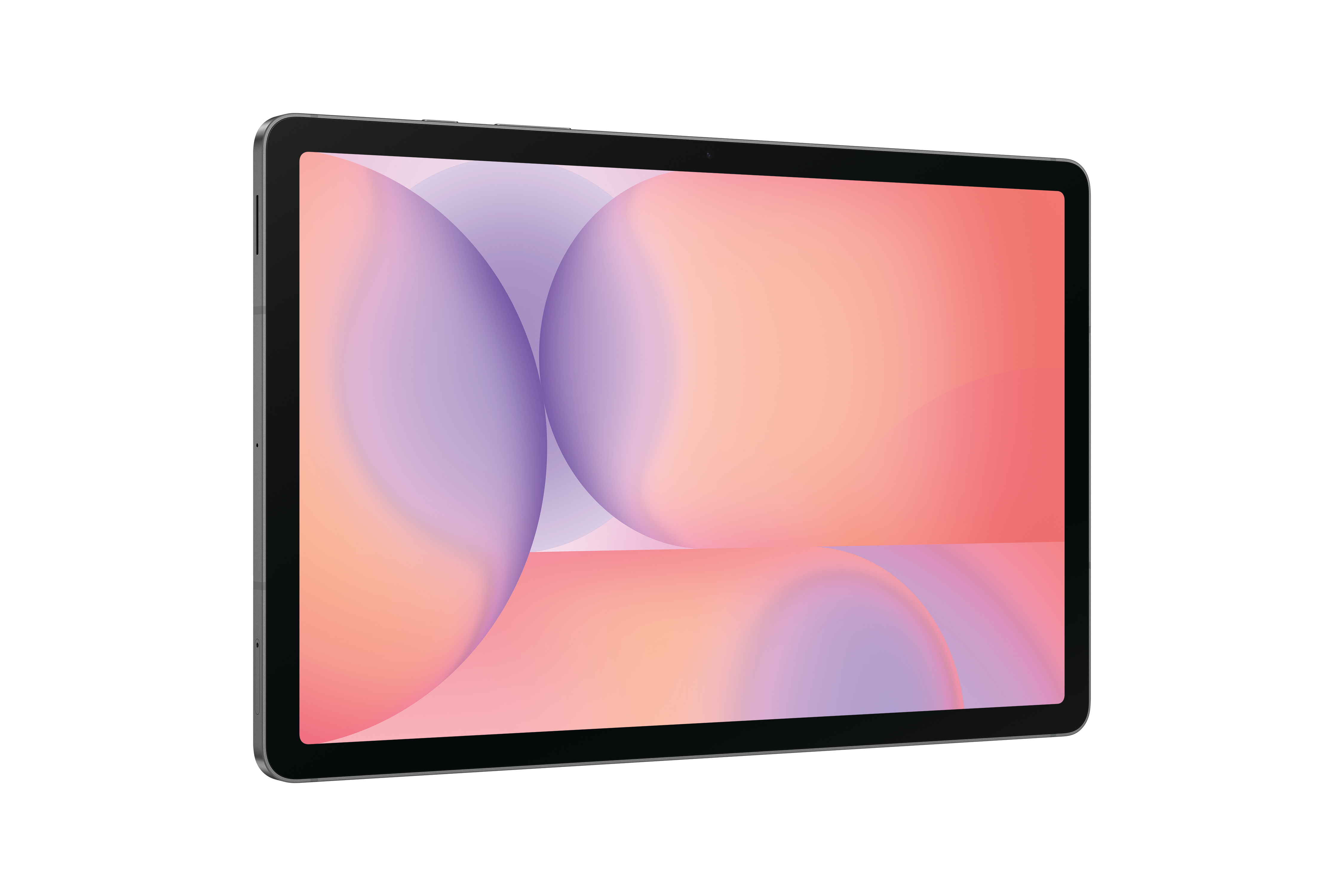 Ein Tablet mit schwarzem Rahmen. Der Bildschirm zeigt einen Farbverlauf aus Rosa, Lila und Orange. Weißer Hintergrund.