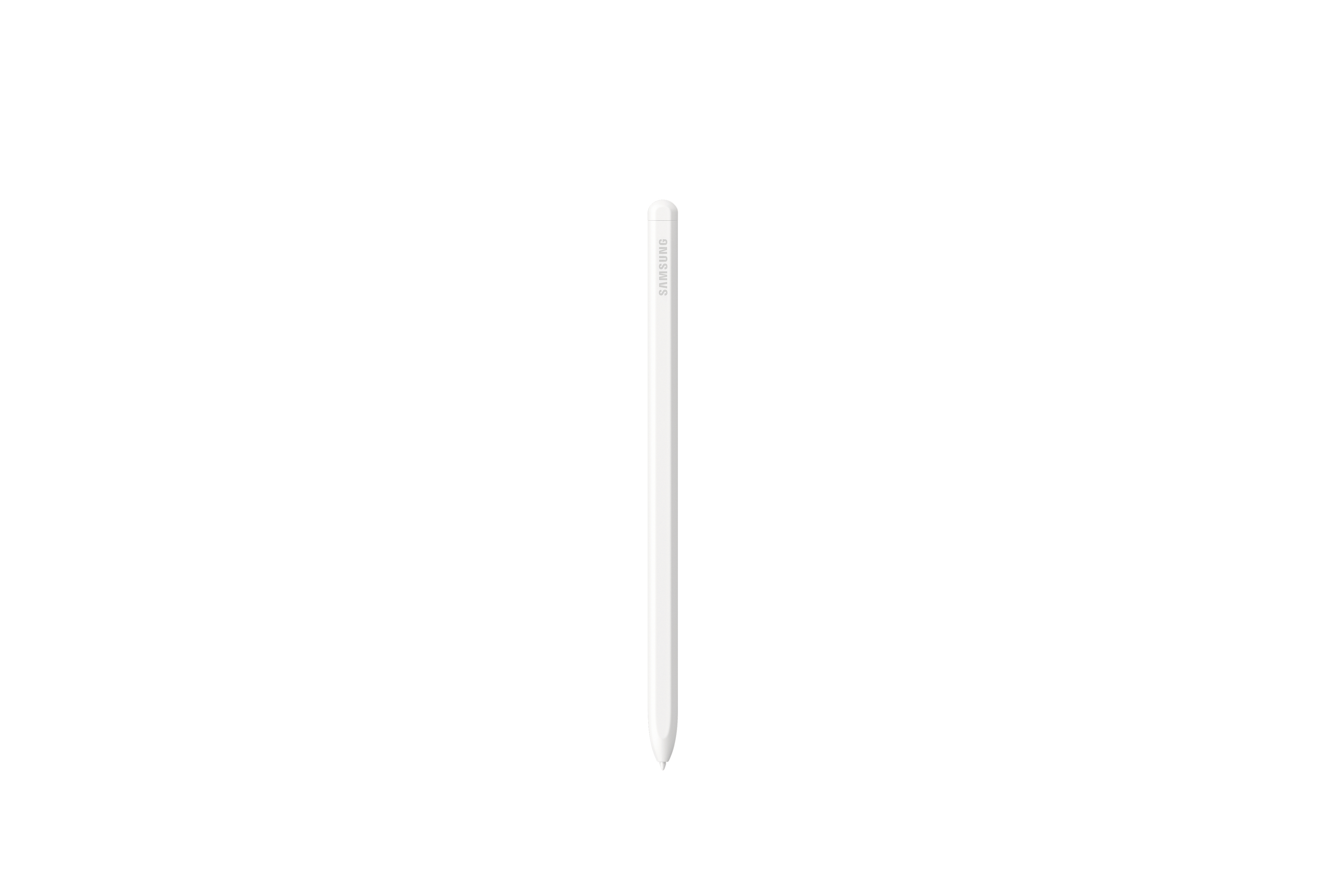 Ein weißer Stift mit Samsung-Logo ist vor weißem Hintergrund zentriert. Der Stift ist vertikal.