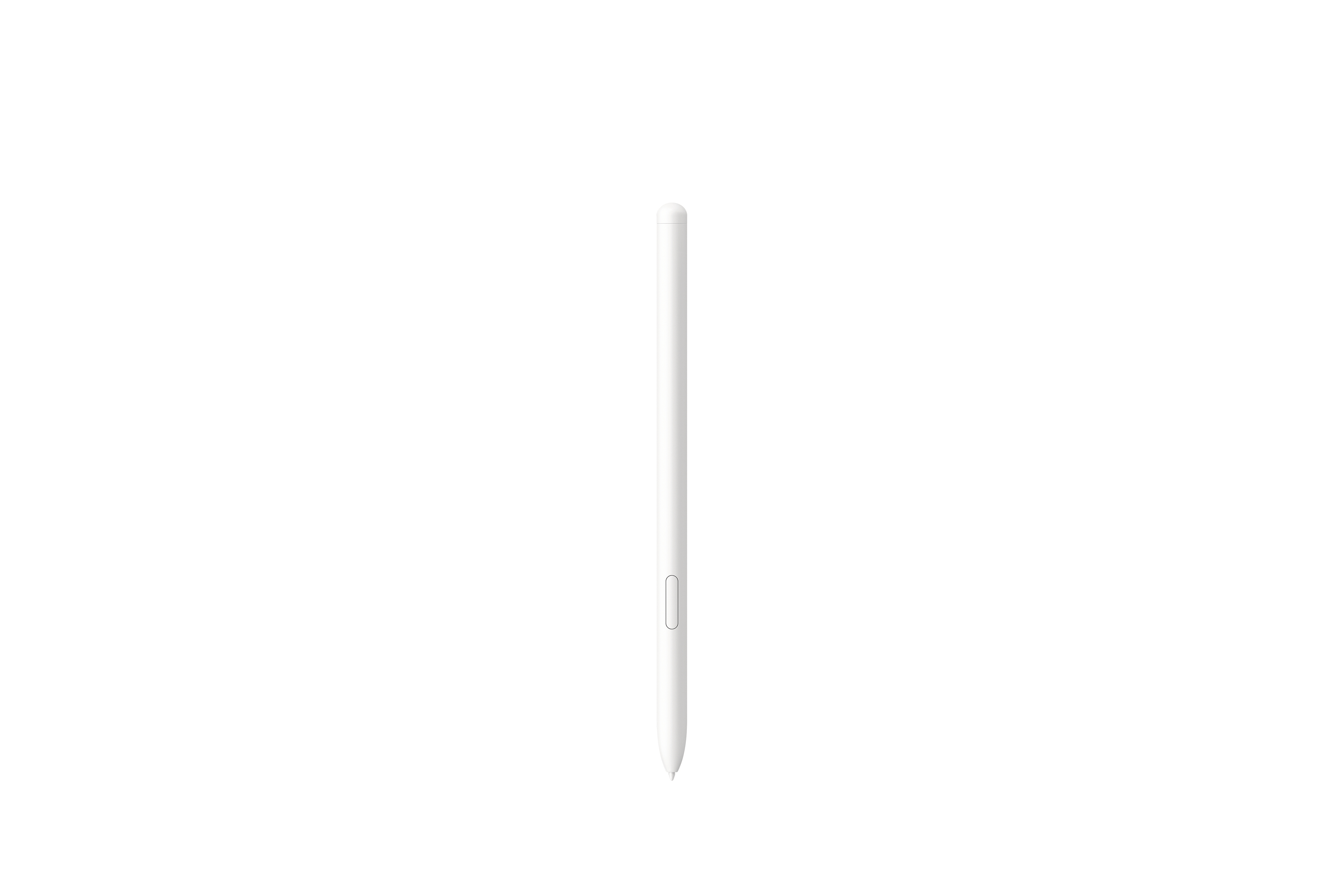 Ein weißer Stift, der für digitale Geräte bestimmt ist, steht vertikal vor einem weißen Hintergrund.