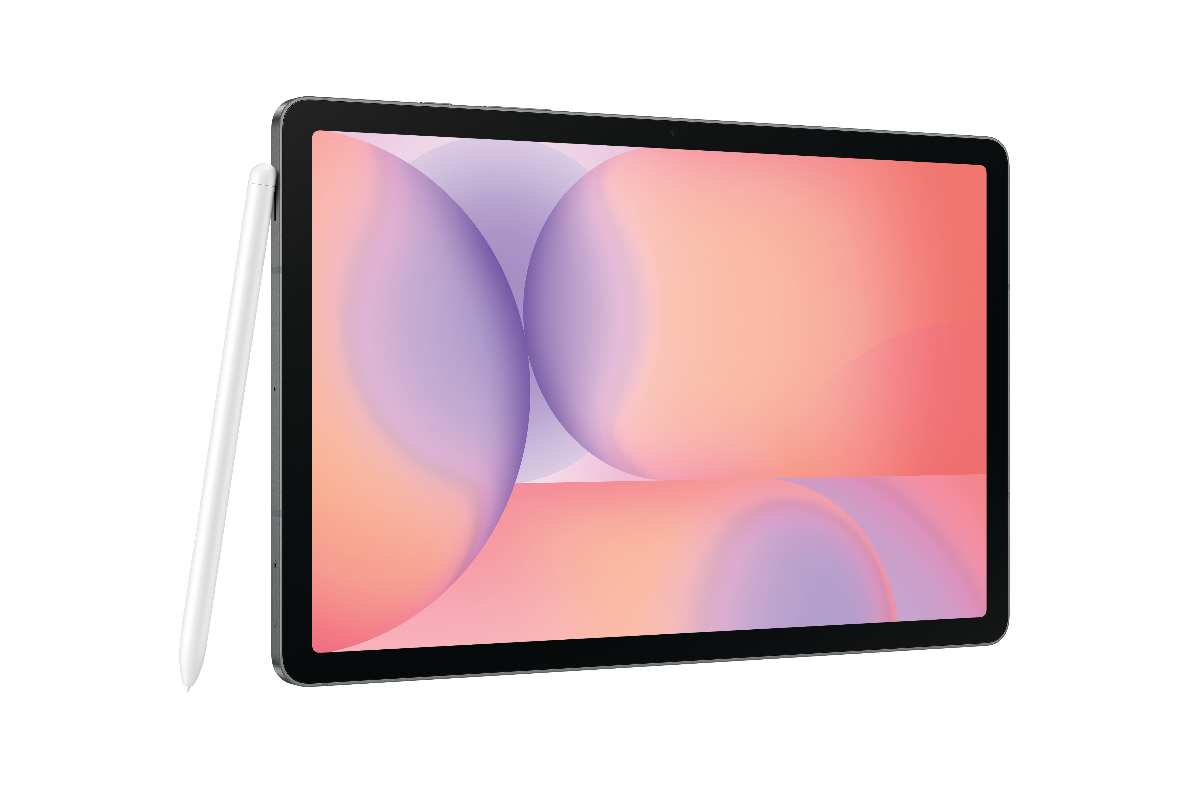 Ein Tablet mit farbenfrohem Display und weißem Stift. Der Bildschirm zeigt Farbverläufe in Pink, Orange und Lila.