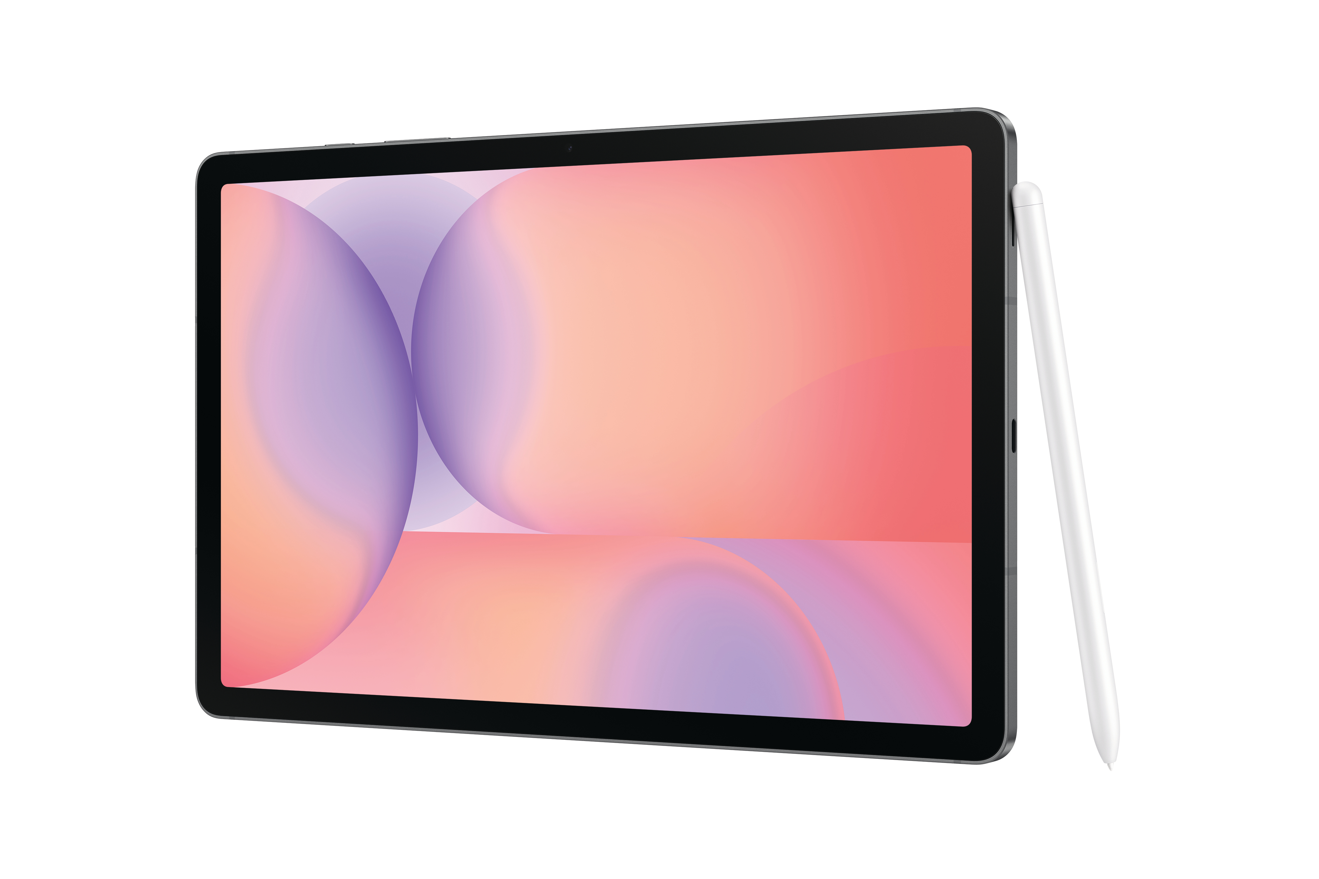 Ein Tablet mit farbenfrohem Bildschirm, weißem Stift und einem Hintergrund aus Rosa- und Lilatönen.
