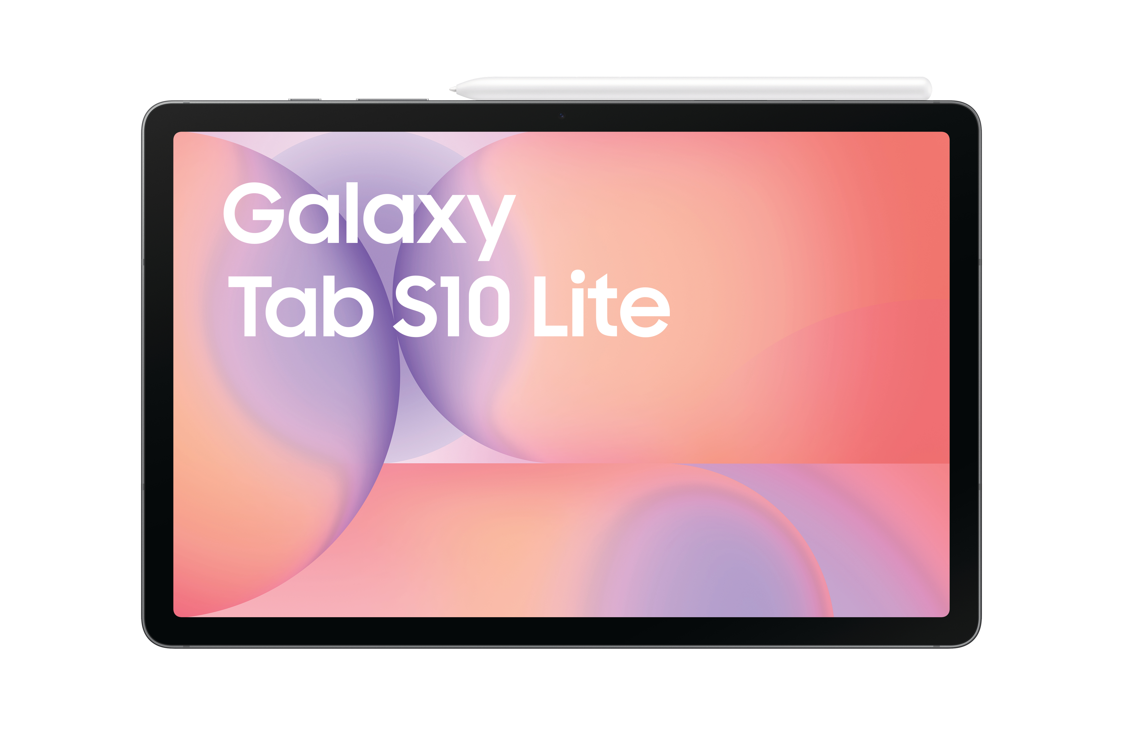 Ein Tablet mit dem Text "Galaxy Tab S10 Lite" auf dem Bildschirm. Ein weißer Stift liegt am oberen Rand.