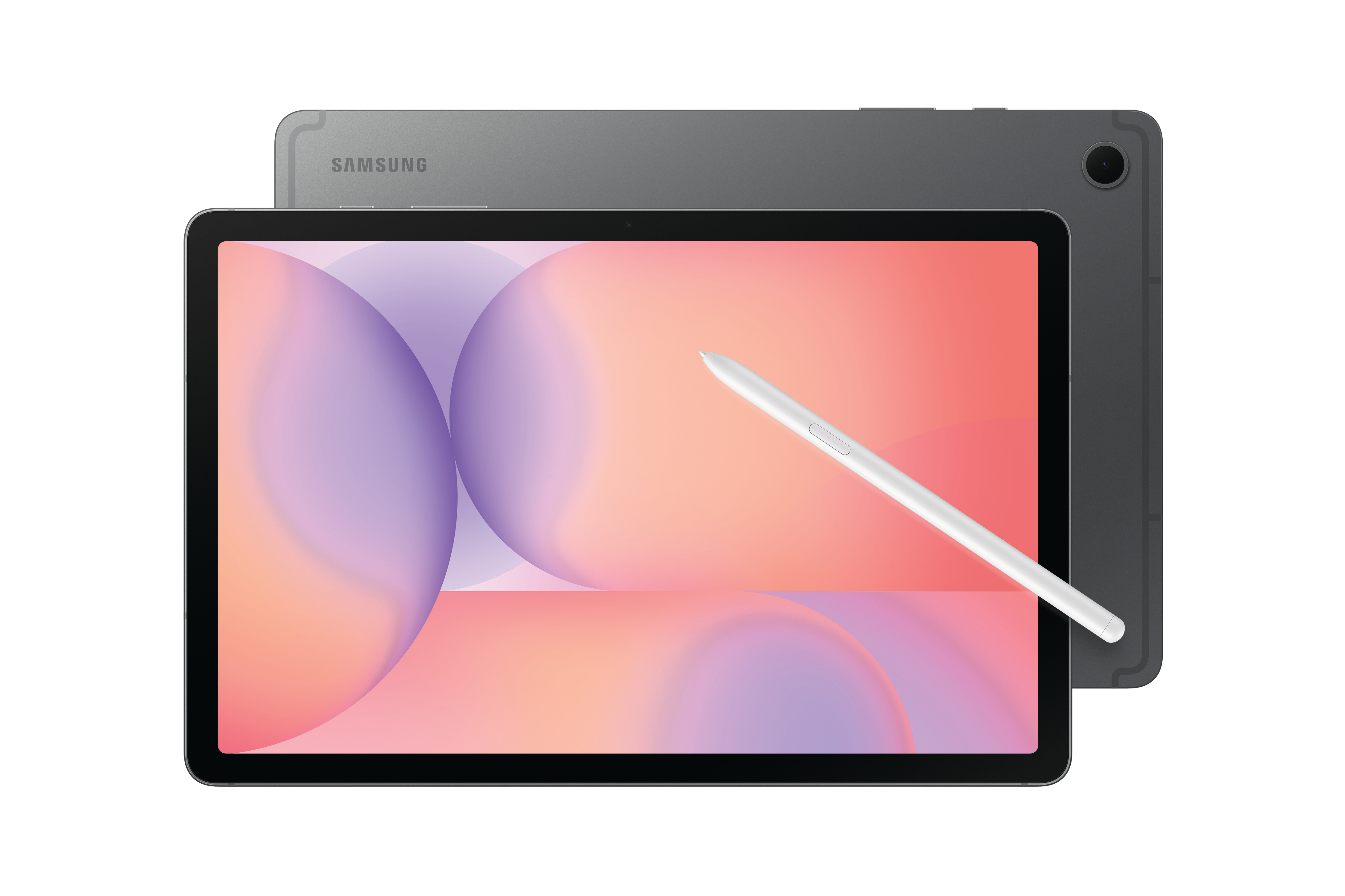 Ein Tablet mit Stift wird gezeigt. Das Tablet liegt auf einem anderen, mit einem rosa-lila Farbverlauf-Display.