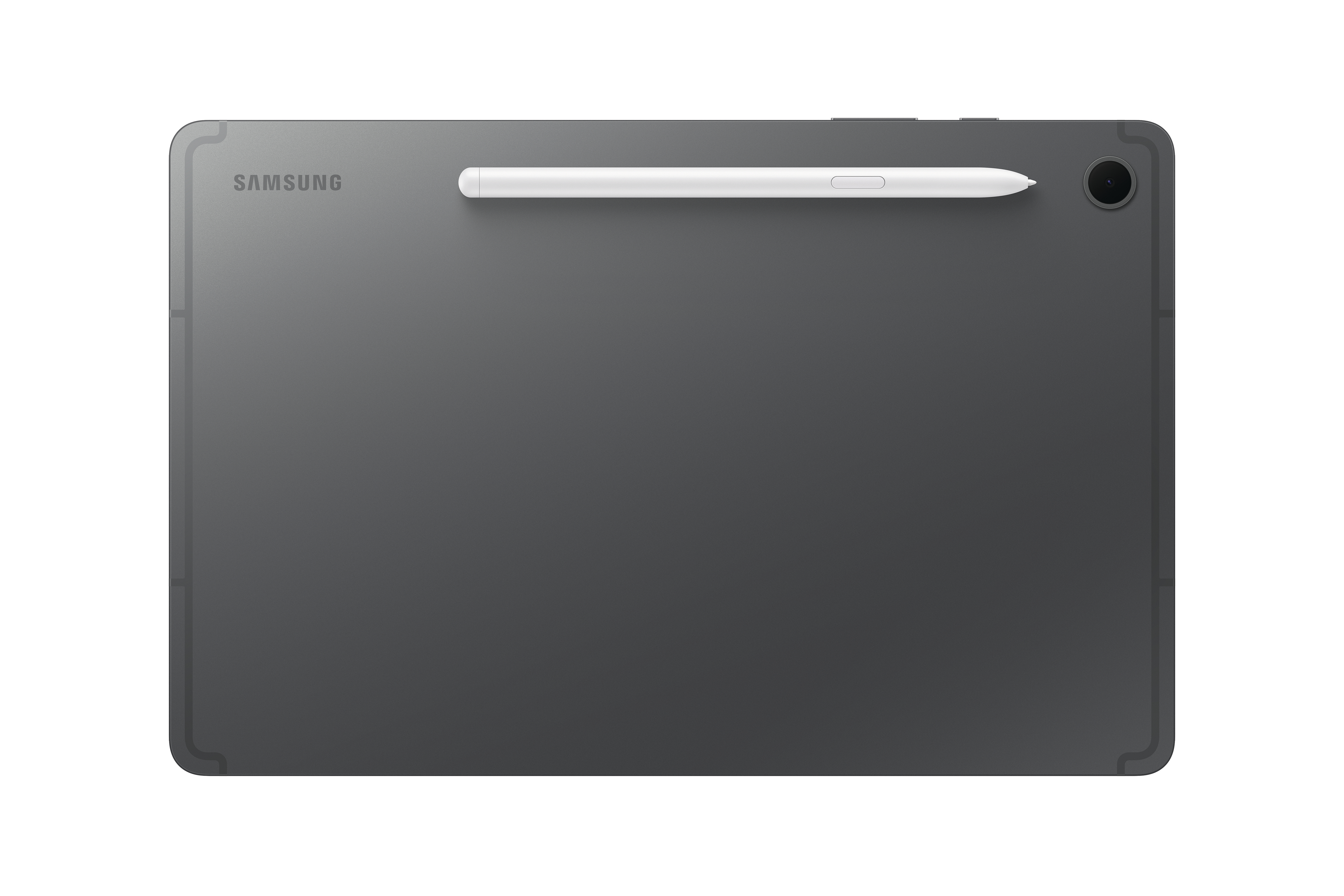 Dunkelgraues Tablet mit Stift oben. Samsung-Logo sichtbar. Eine Kameralinse ist vorhanden.