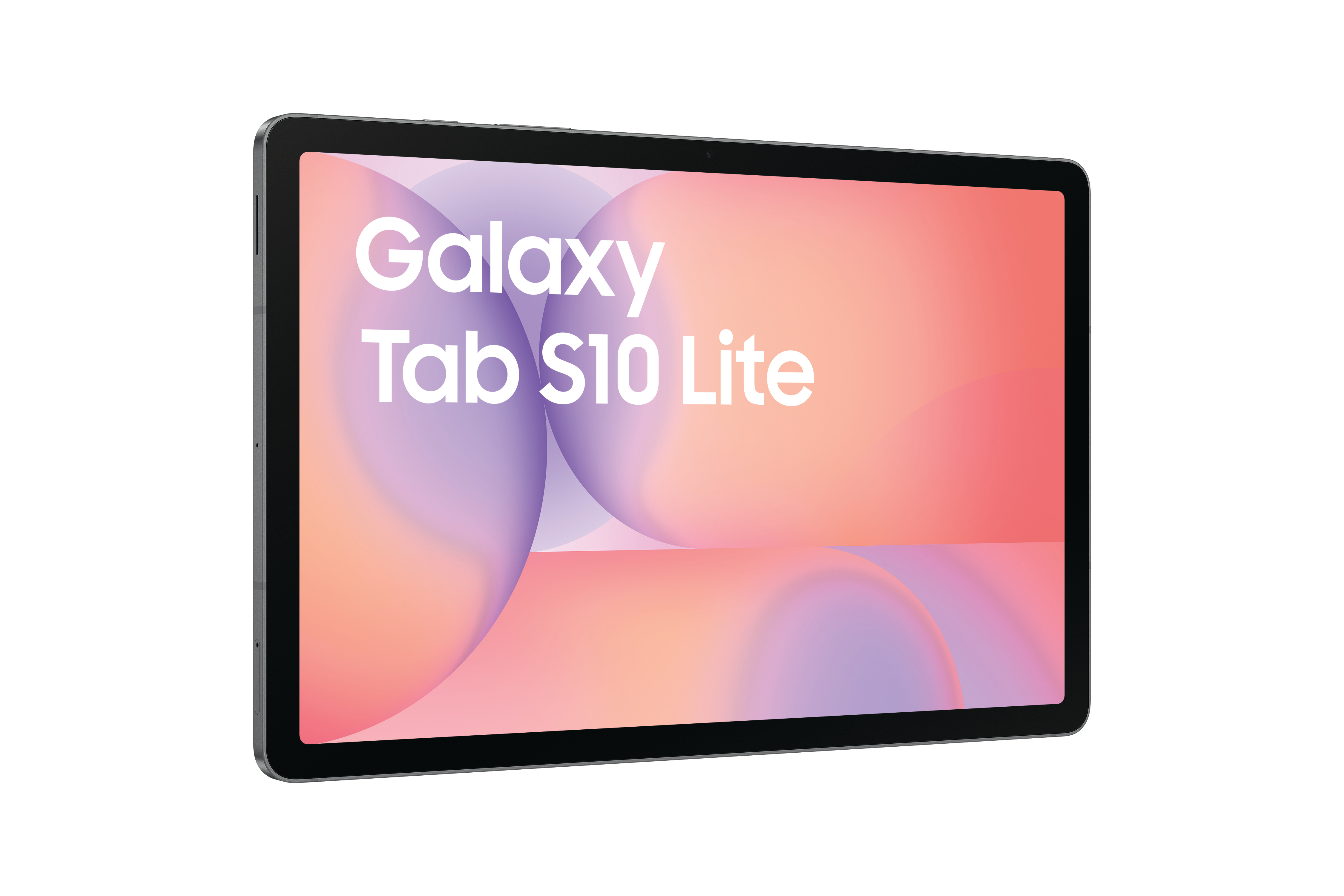 Ein Tablet mit schwarzem Rahmen zeigt die Worte "Galaxy Tab S10 Lite" auf einem Hintergrund aus Rosa, Lila und Orange.