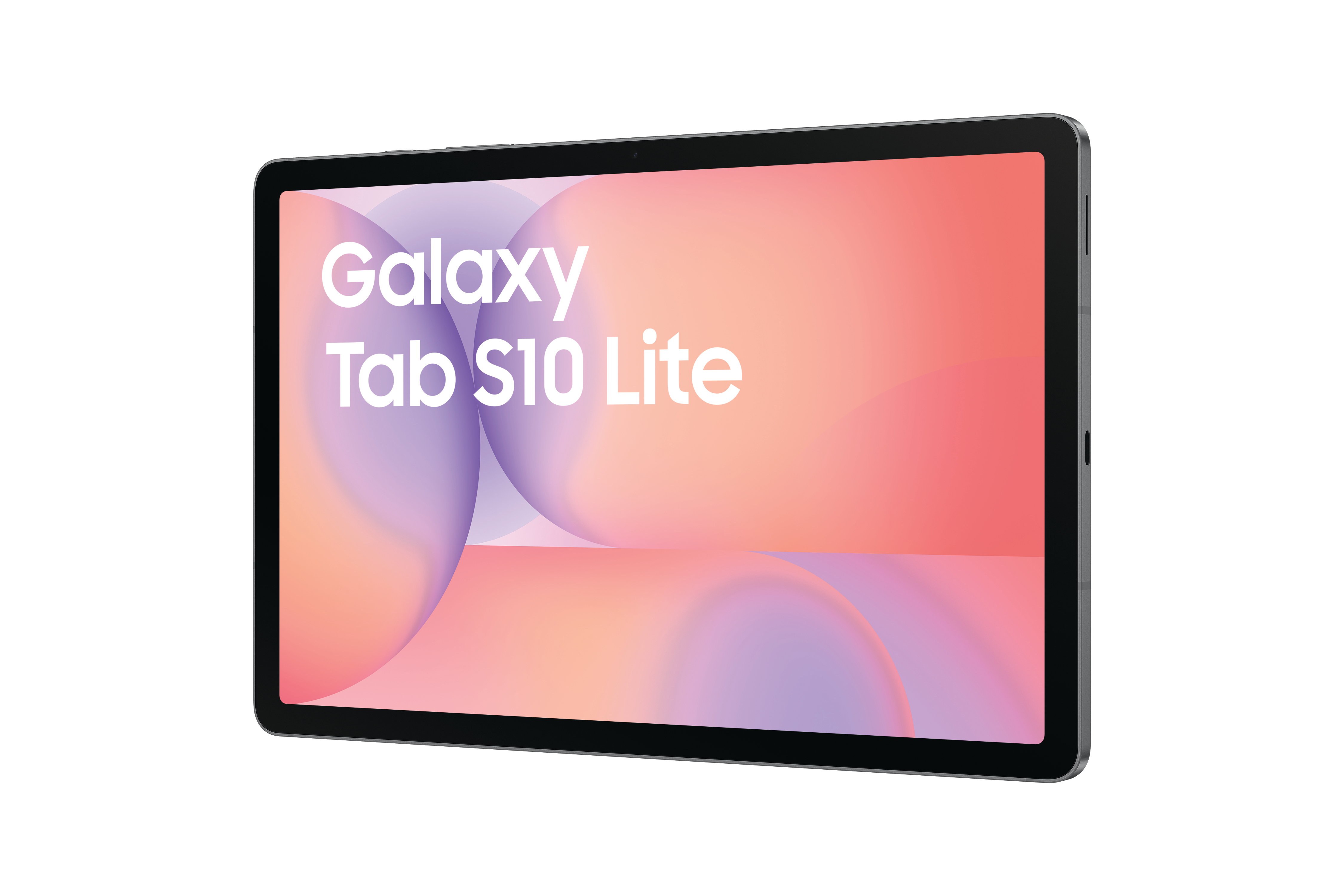 Ein Tablet mit den Worten 'Galaxy Tab S10 Lite' und einem bunten Hintergrund auf weißem Grund.