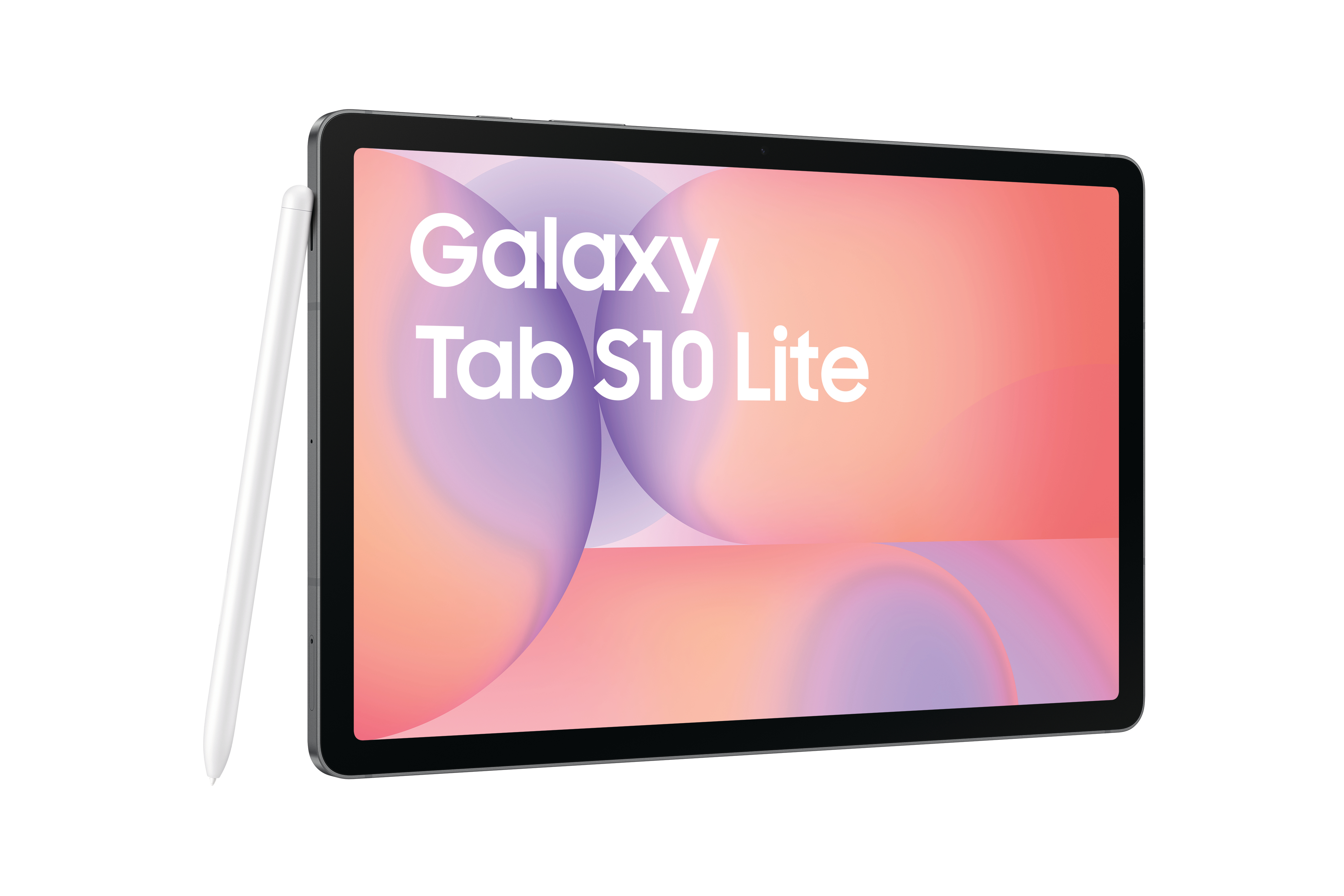 Ein Galaxy Tab S10 Lite Tablet mit weißem Stift. Der Bildschirm zeigt den Produktnamen. Der Hintergrund ist weiß.