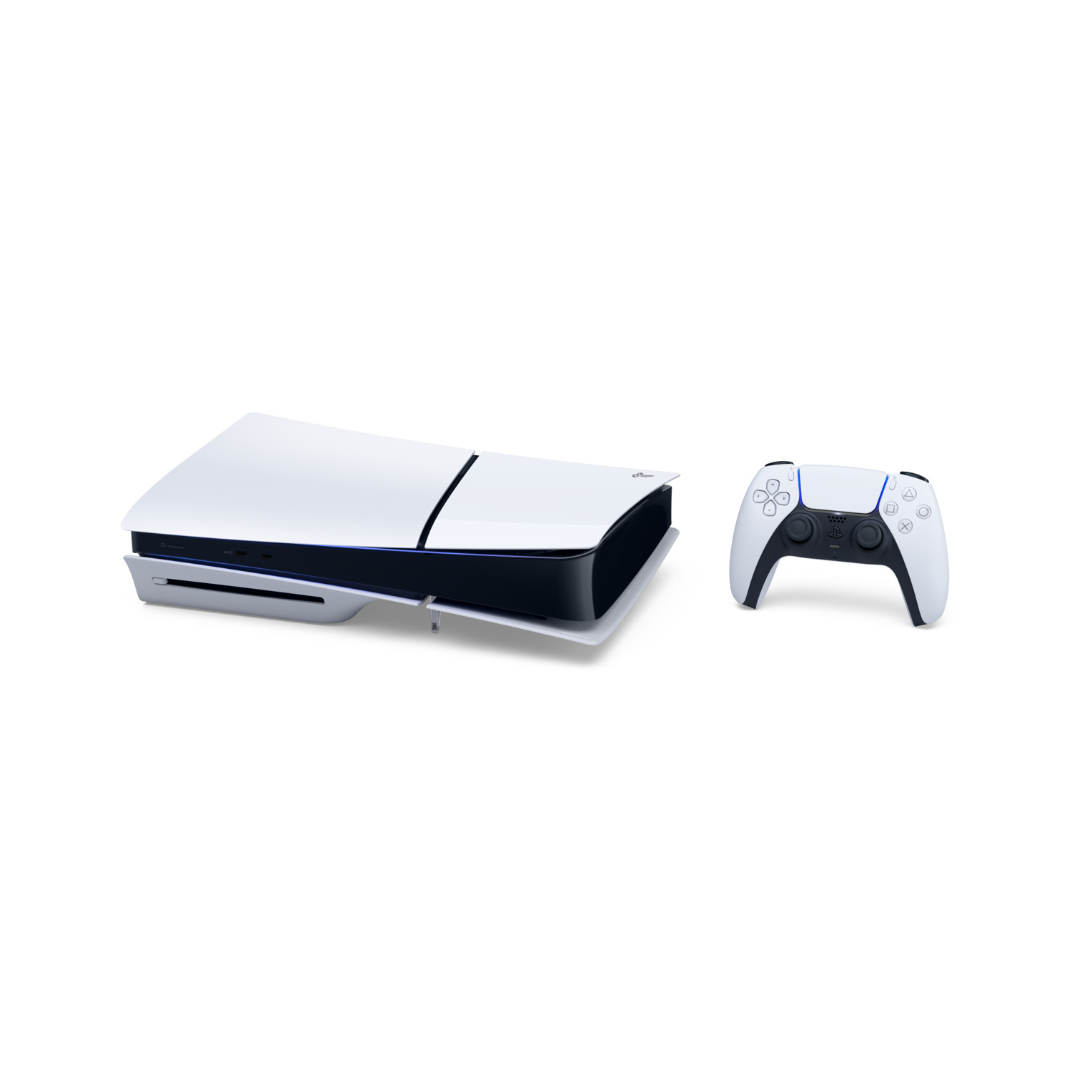Une console PlayStation 5 blanche et une manette assortie sur fond blanc. La console est horizontale et la manette à droite.