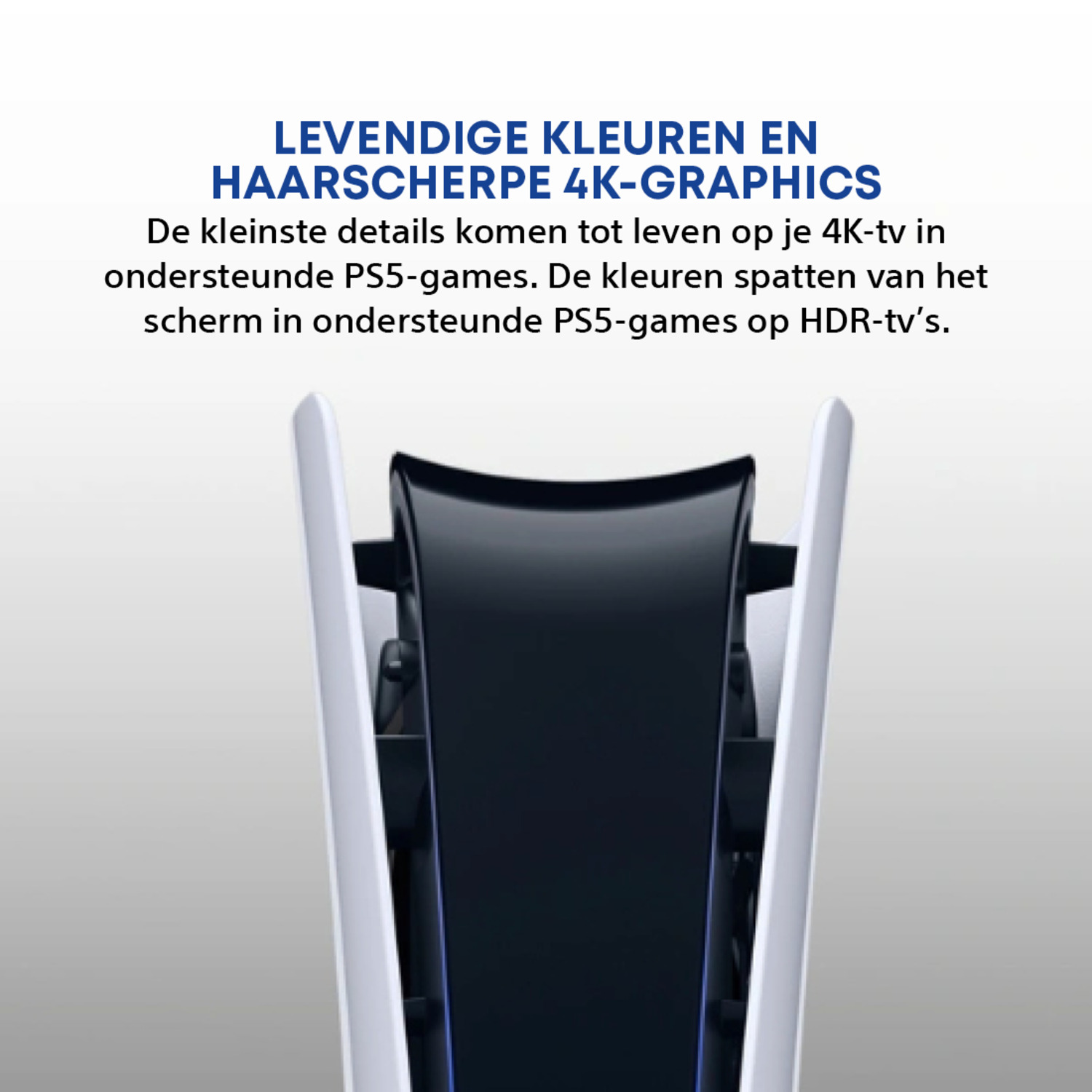 Gros plan d'une console de jeu en noir et blanc. Le texte en haut se lit comme suit : "Couleurs vives et graphismes 4K nets."